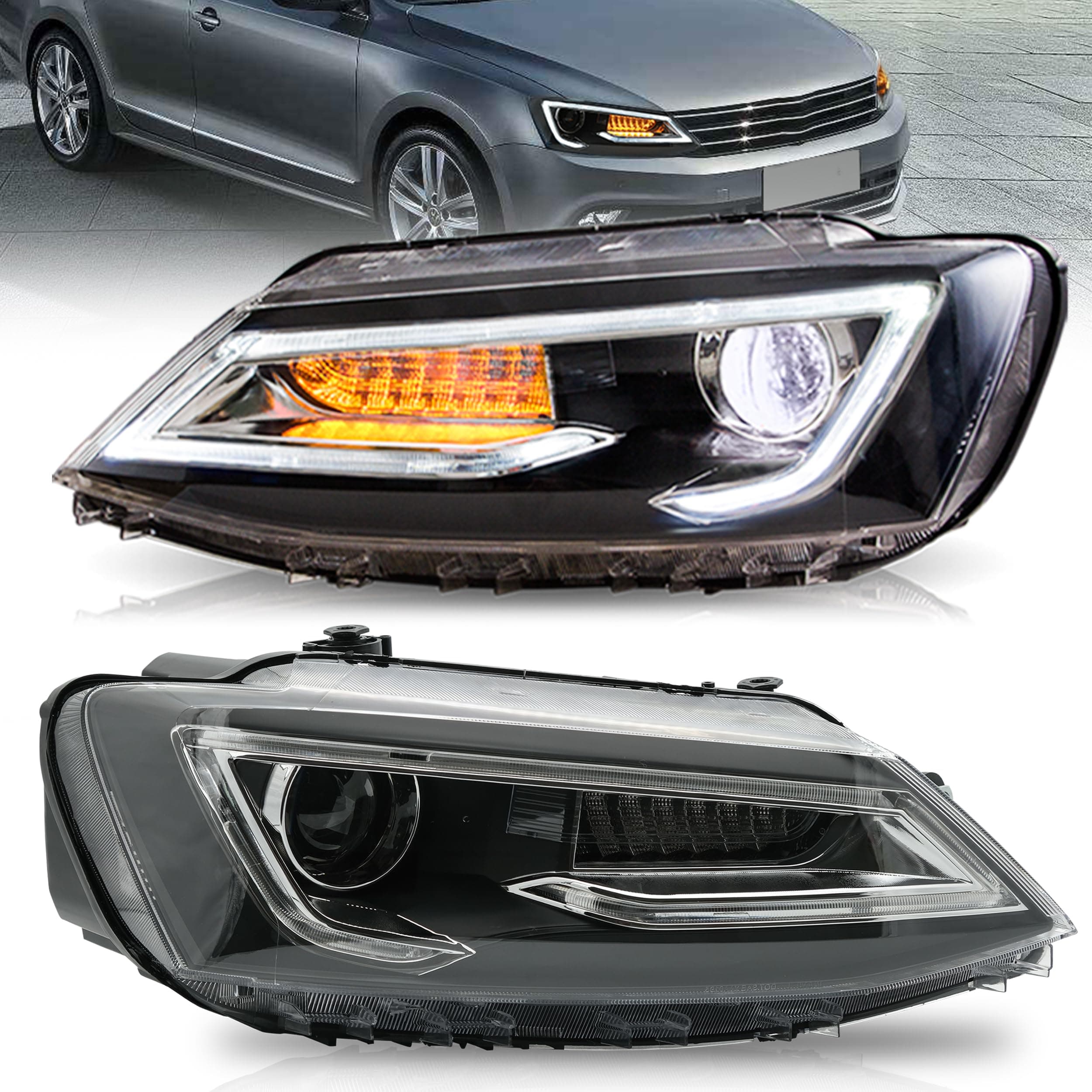 VLAND Headlight Assembly Fit for 2011-2018 Jetta 6th, with Sequential Turn Signal, Regular