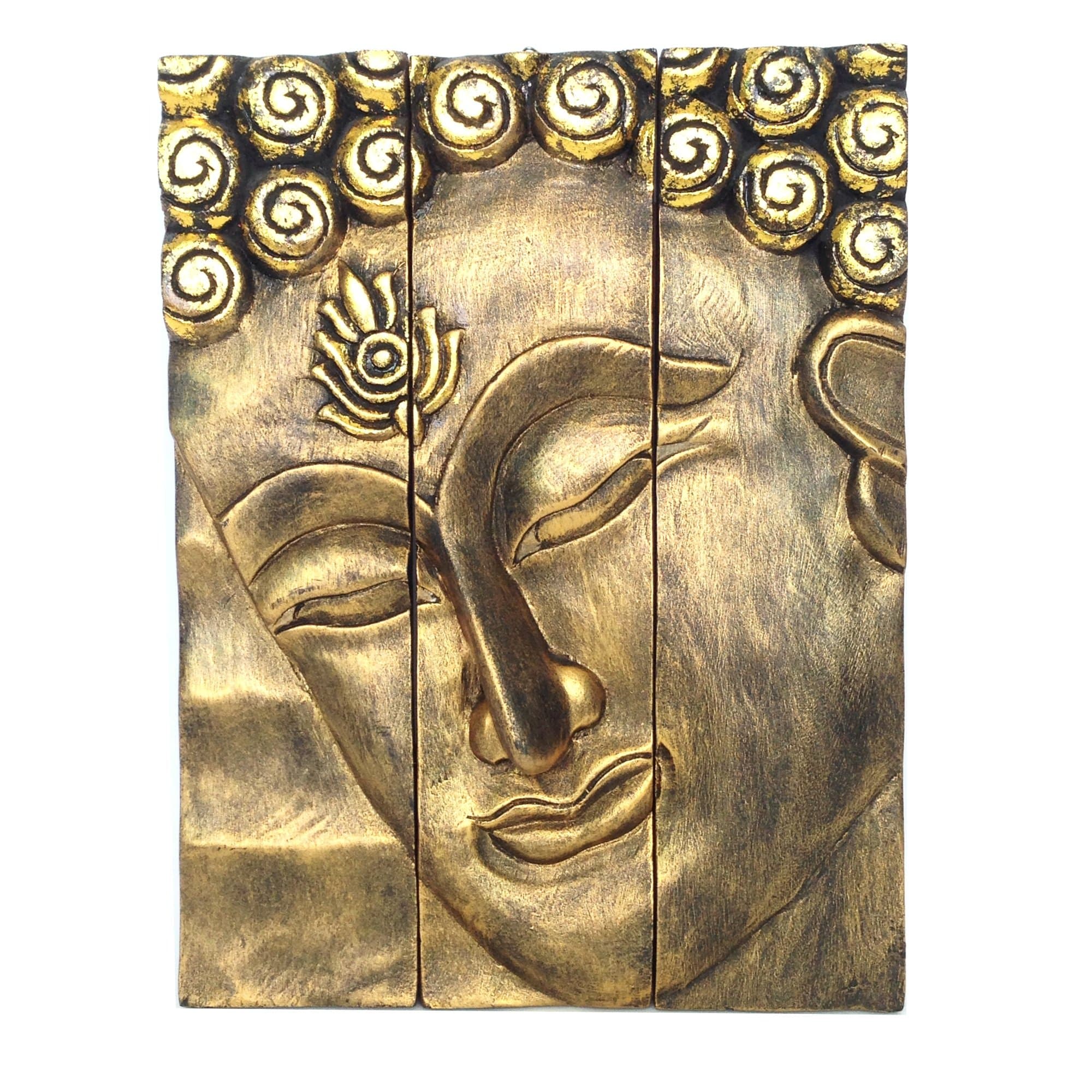 Hand Carved Buddha Face 3-Piece Panel Wall Décor, 12"L x 15"H x 1.5"W