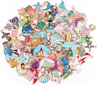 120 Pcs Ocean Themed Sea Charms for Jewelry Making, Assorted Gold Enamel Starfish Seashell Marine Pendants for Necklace Earring Bracelet Crafting Holiday Gifts for Women Mom Girls