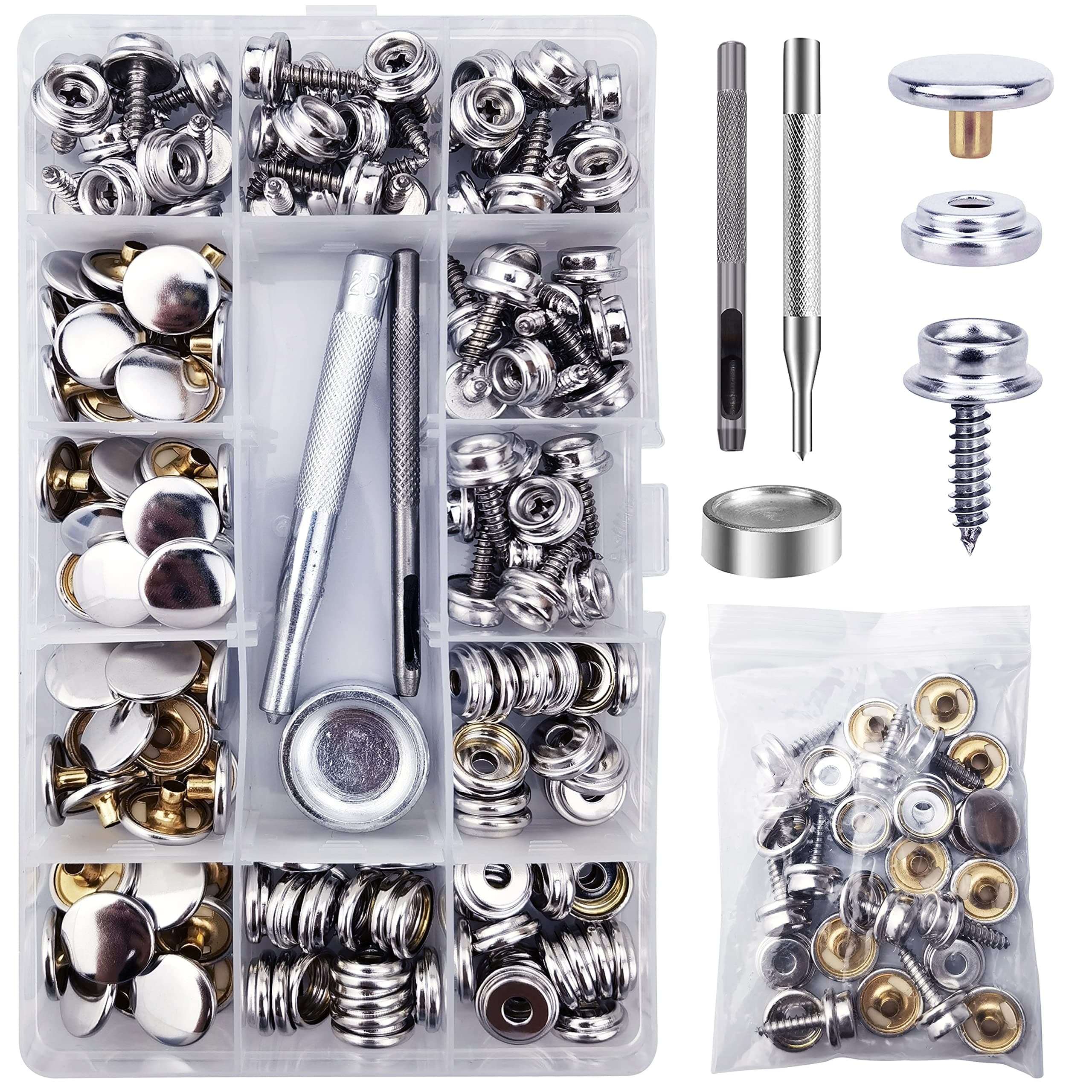 180 PCS Canvas Snap Kit with 3 PCS Setting Tools, Marine Grade Screws Snaps for Boat Cover, Screw Snap Fasteners for Furniture Canvas, Tarpaulins, Tents - Silver