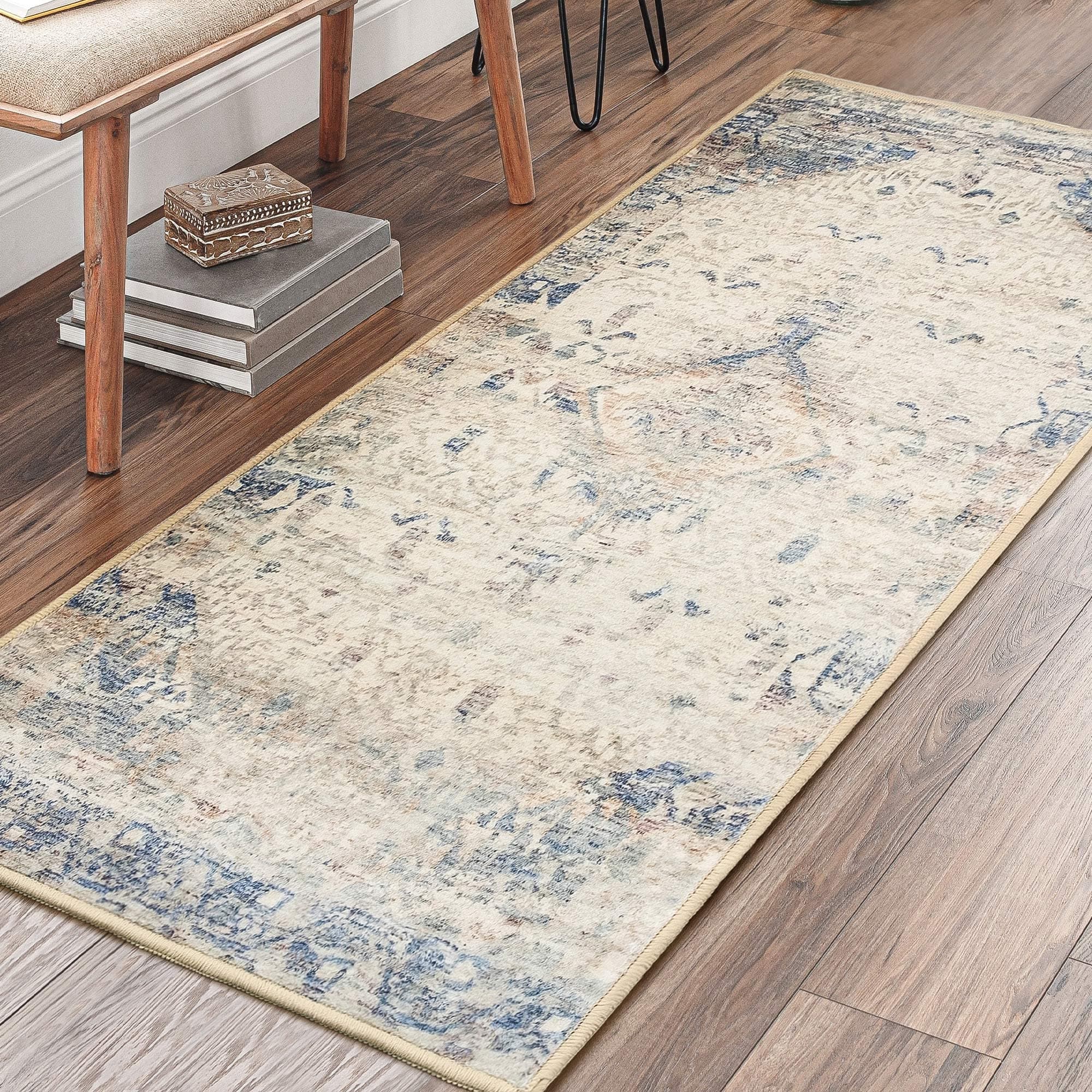 RORA Area Rug 2x4 Non-Slip Machine Washable Boho Distressed Neutral Area Rug Hallway Runner Rug for Bedroom Kitchen Bathroom Entryway Low Profile