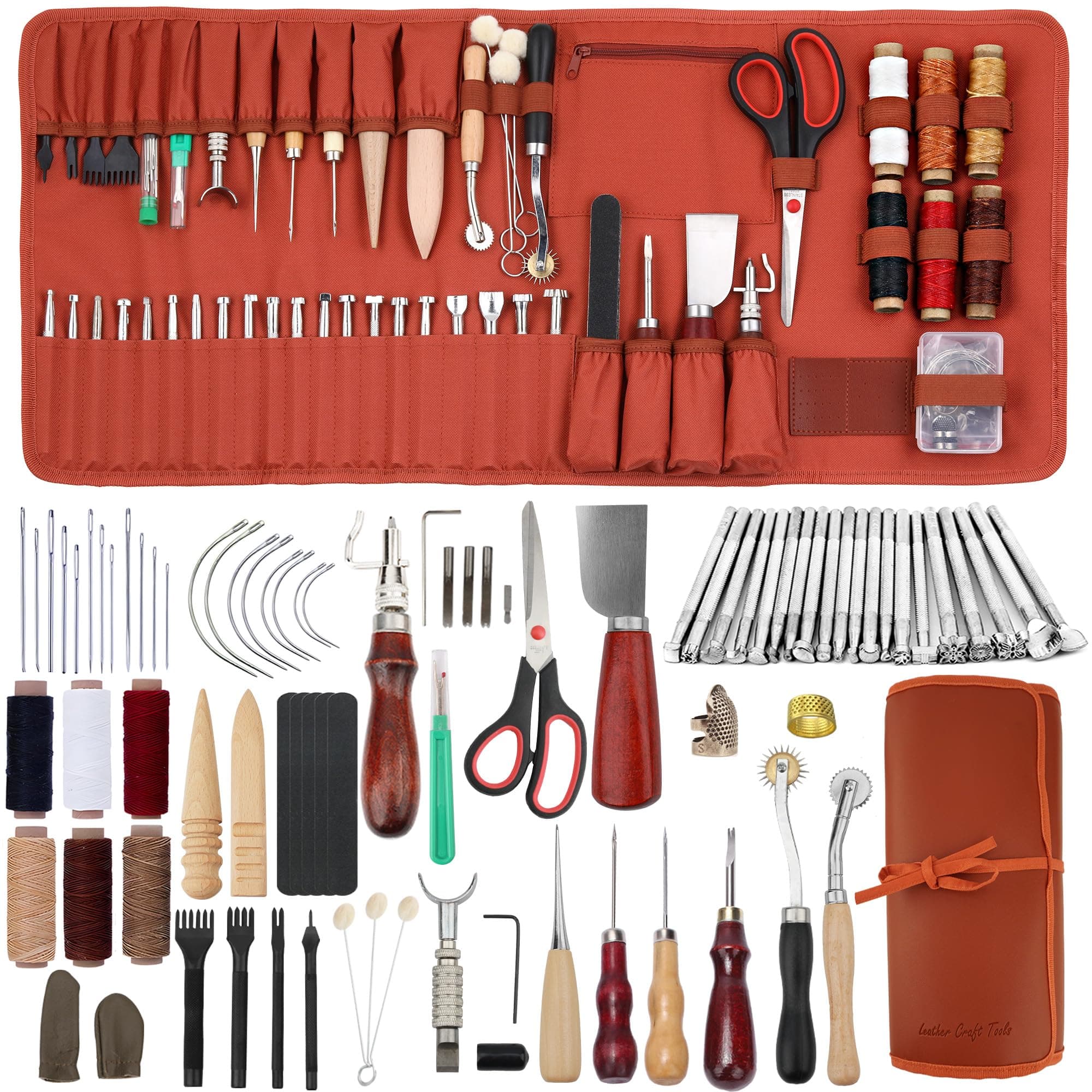 Dorhui Leather Working Tools Kit with Custom Storage Bag Leather Stamping Tools Leathering Craft Making for Cutting Punching Sewing Carving Stamping