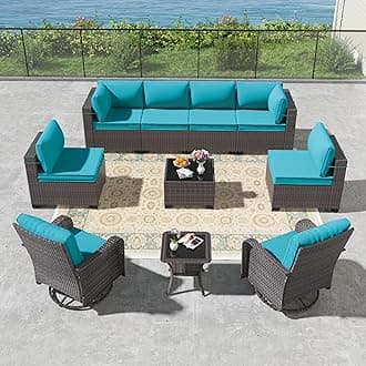 Kullavik 10PCS Outdoor Patio Furniture Set,PE Wicker Rattan Sectional Sofa Patio Conversation Sets with Tempered Glass Table,Swivel Rocking Chairs Set,Blue