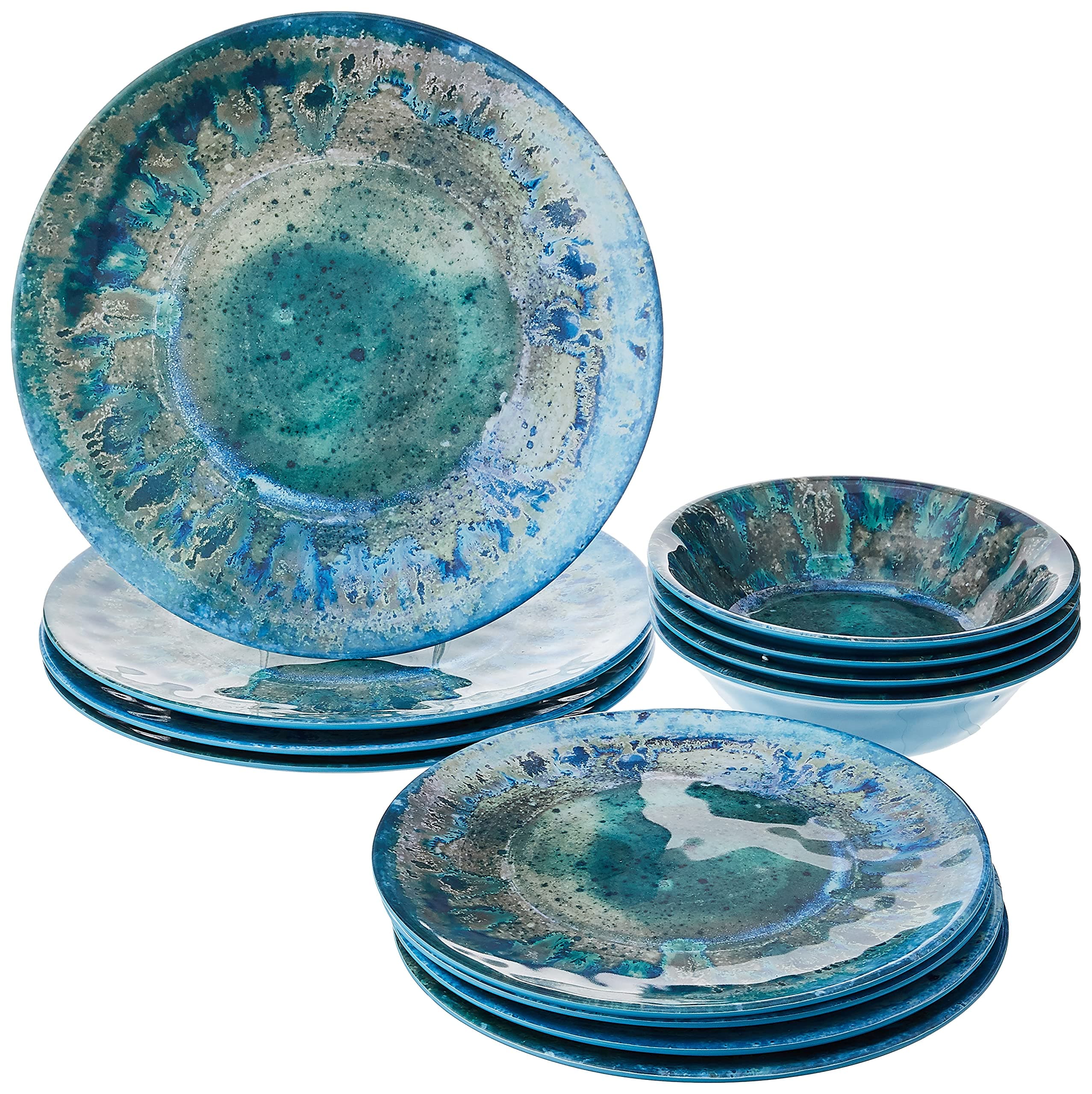 Radiance Teal 12pc Melamine Dinnerware Set – Service for 4 Plates and Bowls Set, Outdoor Dinnerware, Coastal Dishes, Unbreakable, Dishwasher Safe, Heavyweight Melamine, Rustic Look