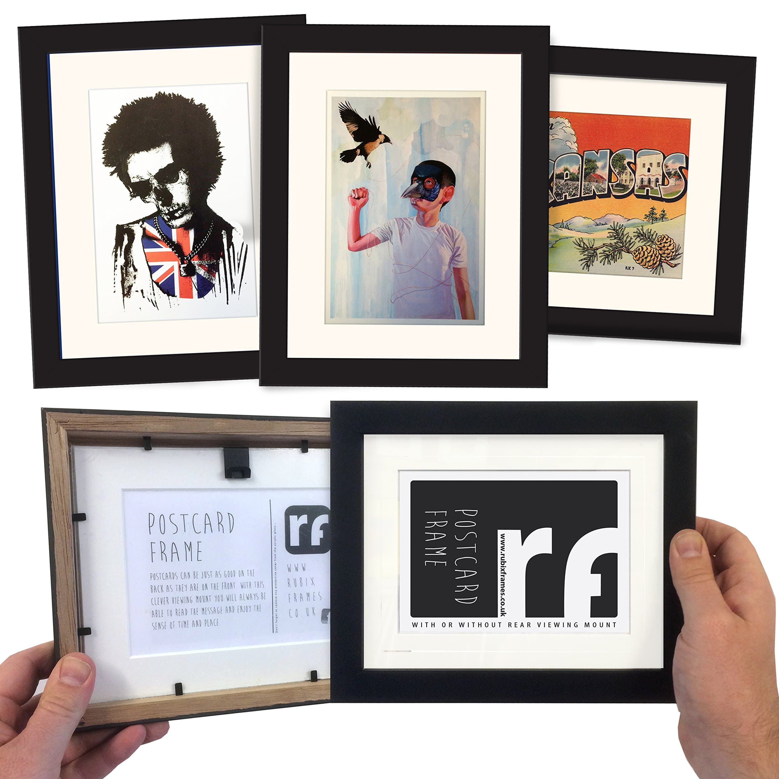 Postcard Frame with SPECIAL 'Rear View' Glazing and Mount - BLACK - Quality Wooden Picture Frame - Acid Free Mounts - RUBIX FRAMES