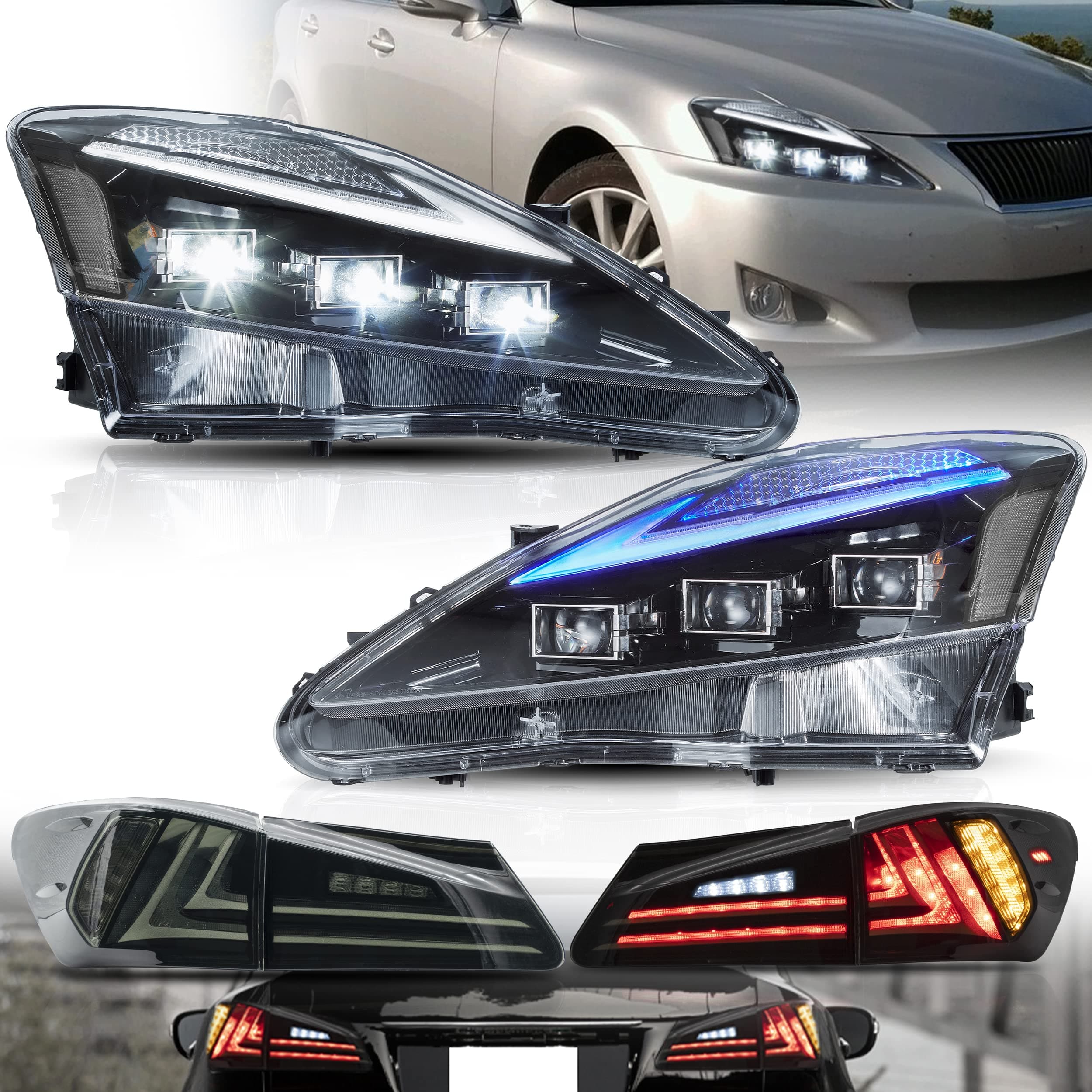Clear Headlights(Blue DRL)+ Smoke Taillights