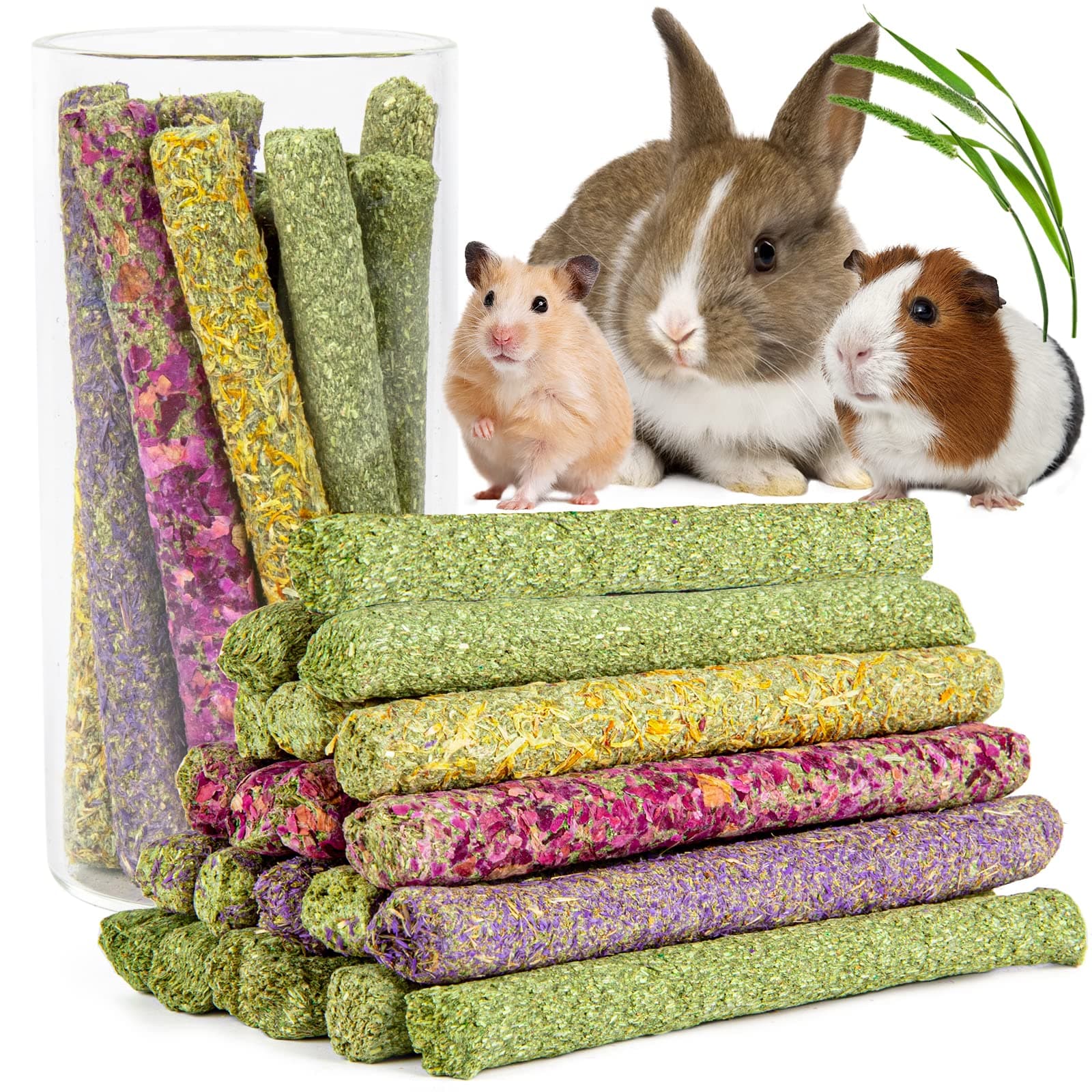 Sofier Timothy Hay Sticks - 44Pcs Natural Chews for Teeth - Handmade Rabbit & Guinea Pig Toys - Chinchilla, Rat, Hamster, Gerbil