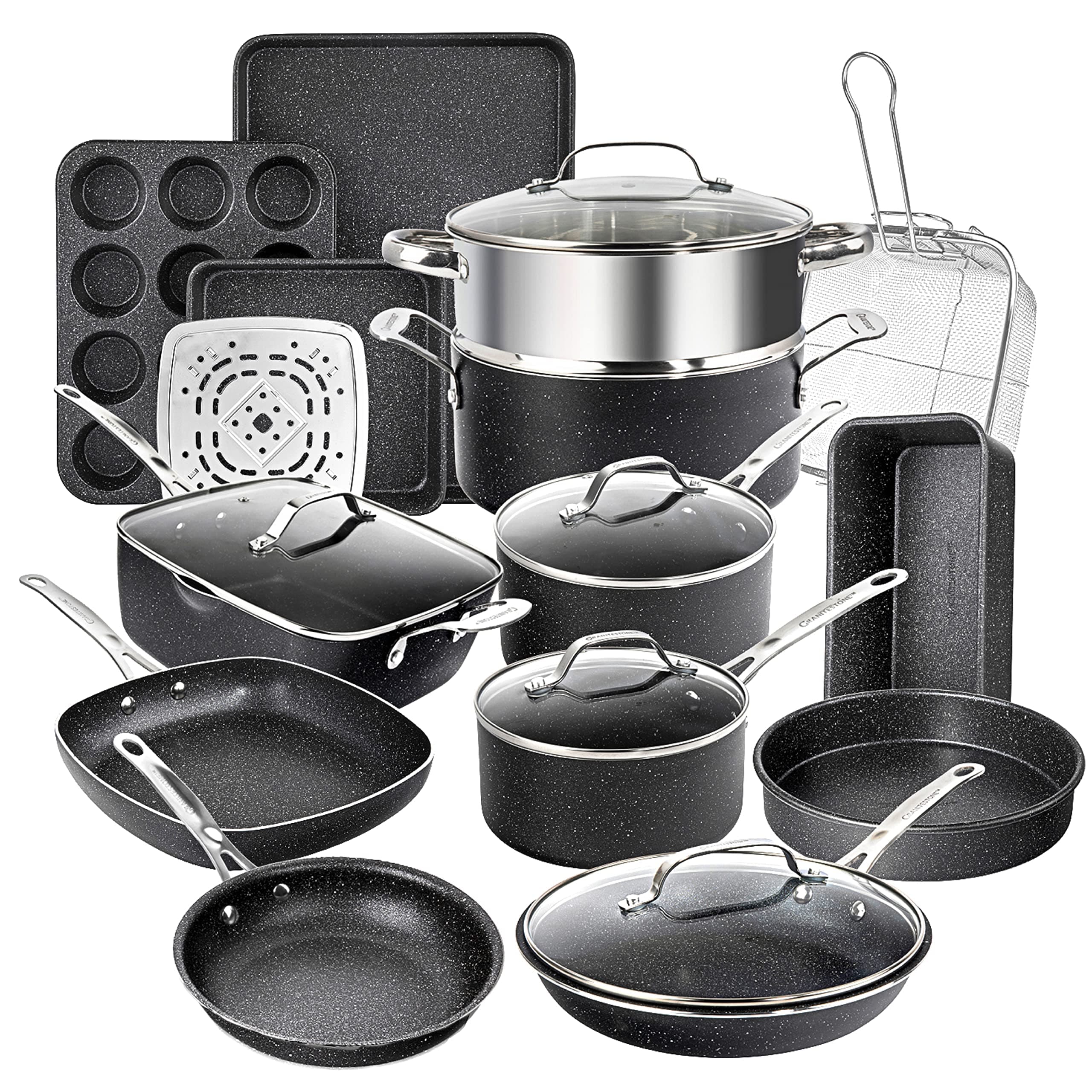 Granitestone 20 Pc Pots and Pans Set Nonstick Kitchen Cookware Set with Frying Pan, Bakeware & Steamer, Diamond Infused, Non Toxic PFOA PFOS Free, Metal Utensil Safe, Oven & Dishwasher Safe, Black