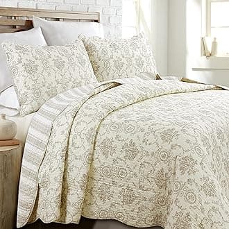 French Medallion 100% Cotton Bedding Quilt Set, Beige Ivory Rose Flower Reversible Coverlet Bedspread for Bedroom/Guestroom for Women Men(Cream Eggnog, King - 3 Piece)