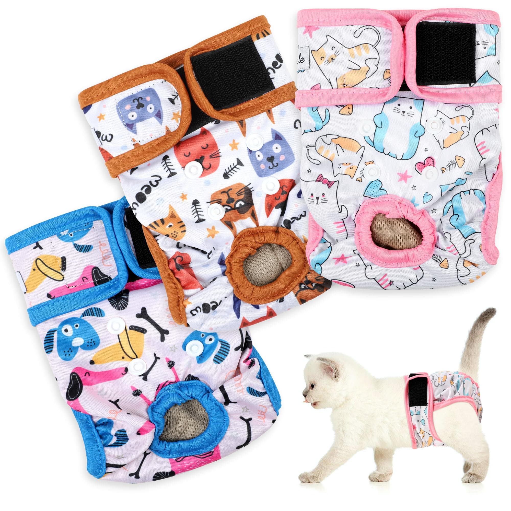 Reusable Diapers 3 Pack - Good Absorbency, Secure Fit for Female & Male Cats - Easy to Put On, Adorable Design