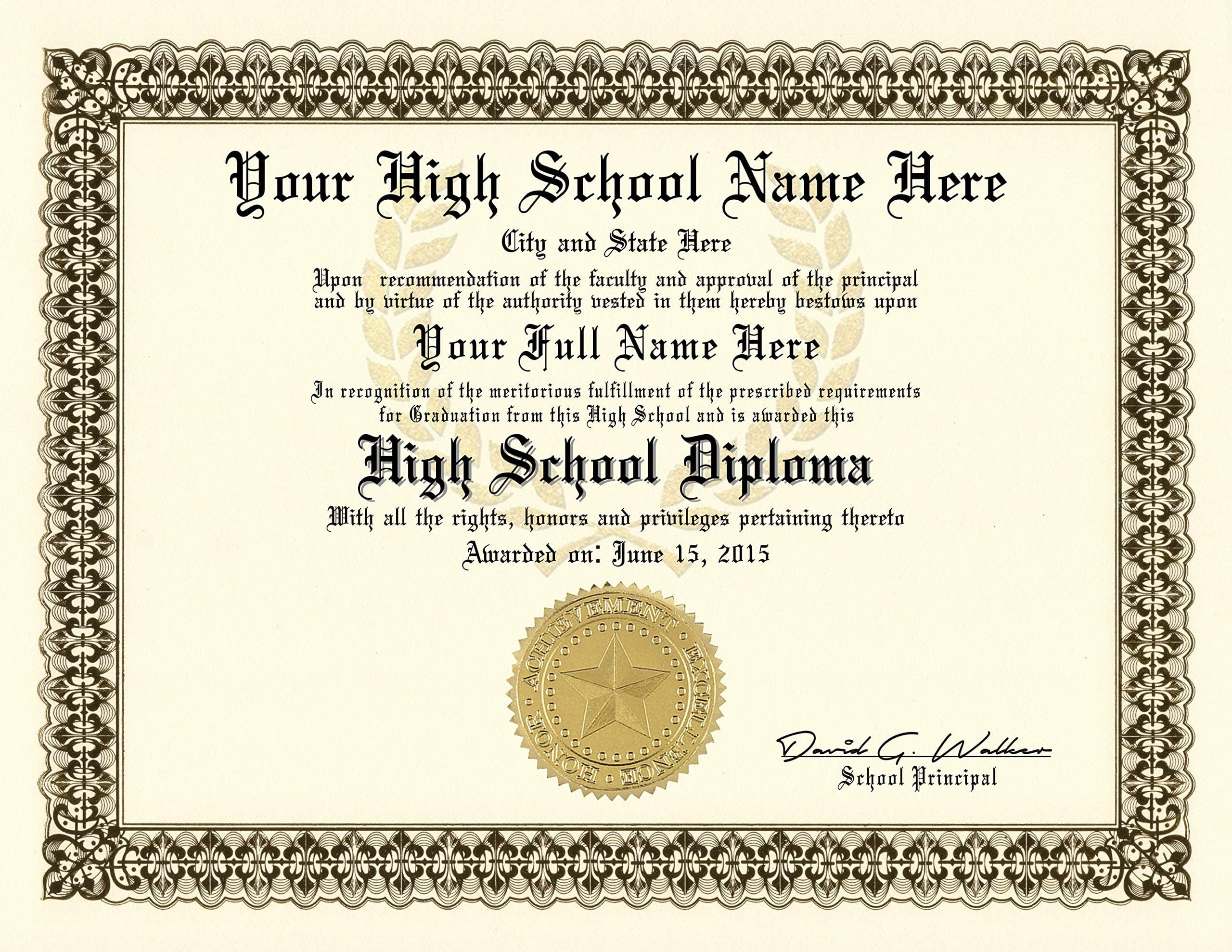 High School Diploma - Personalized with Your Info - Premium Quality - Comes with Certificate Folder
