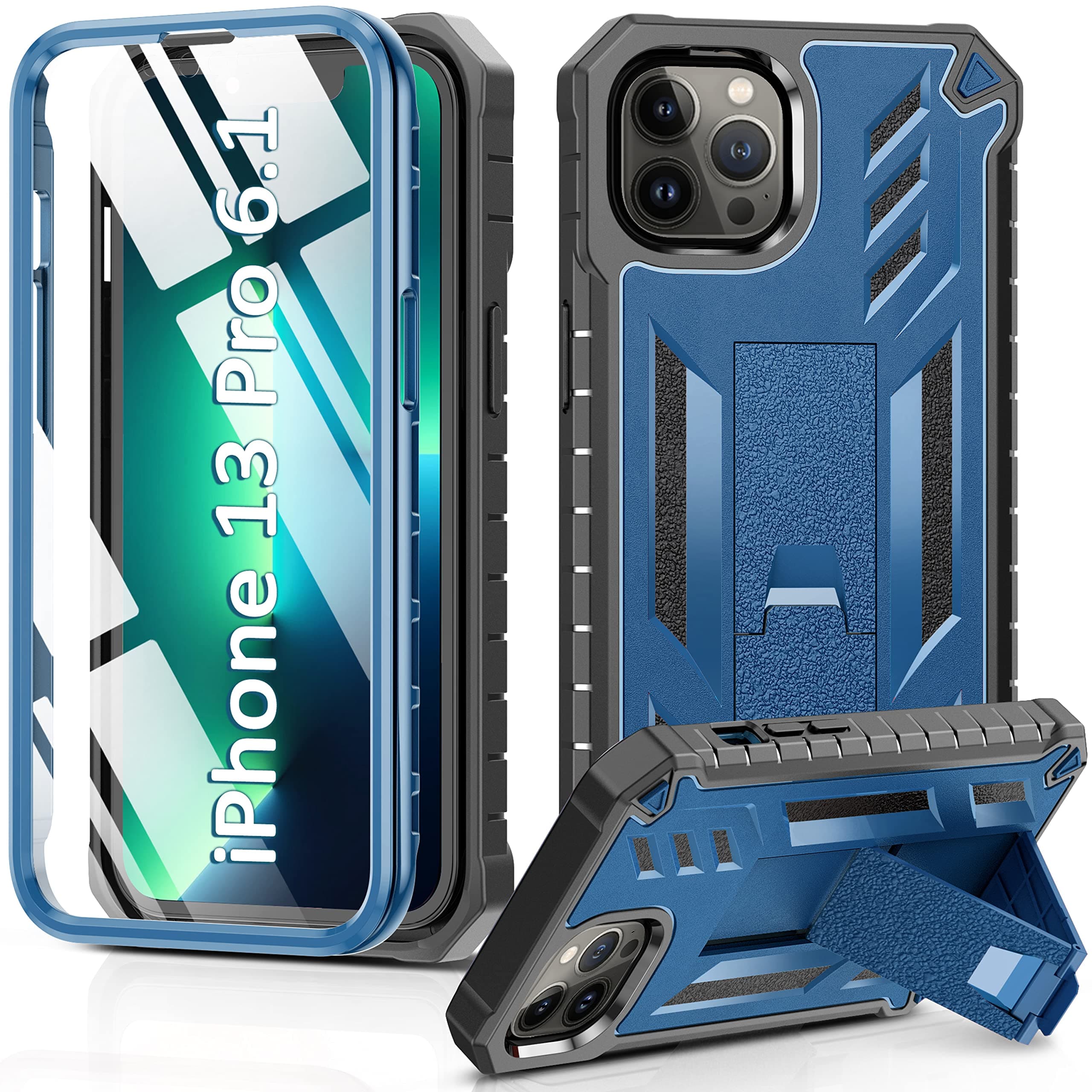 SOiOS for iPhone 13-Pro Phone Case: Military Grade Drop Proof Protection Mobile Cover with Kickstand | Matte Textured Rugged Shockproof TPU | Protective Sturdy Case - Blue(Not for 13 Pro Max)