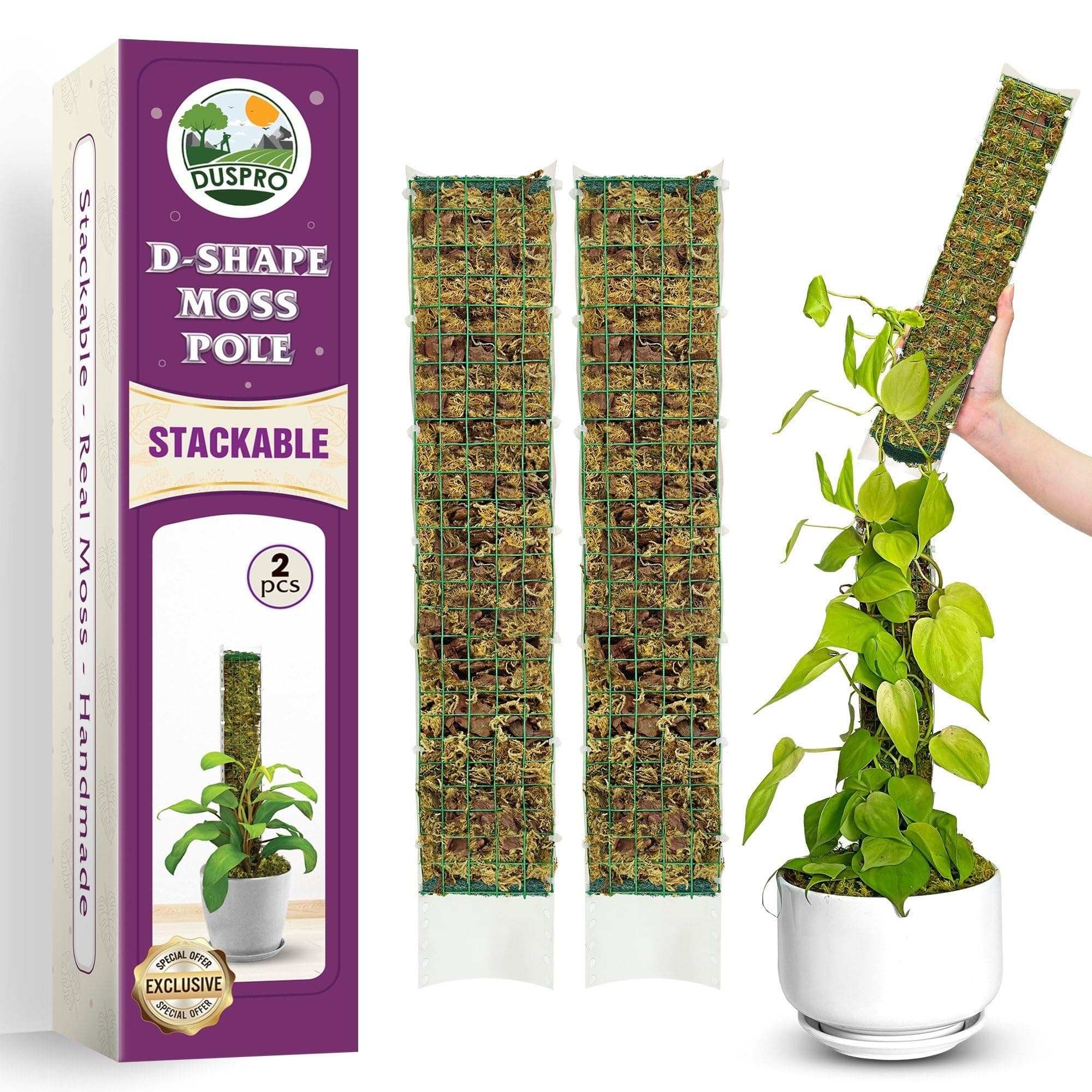 DUSPRO D-Shaped Plastic Moss Poles for Climbing Plants Monstera Stackable Moss Pole for Plants Moss Plant Pole Handmade Moss Stick for Indoor Plants Grow Upward 2 Pack 16.5 inches