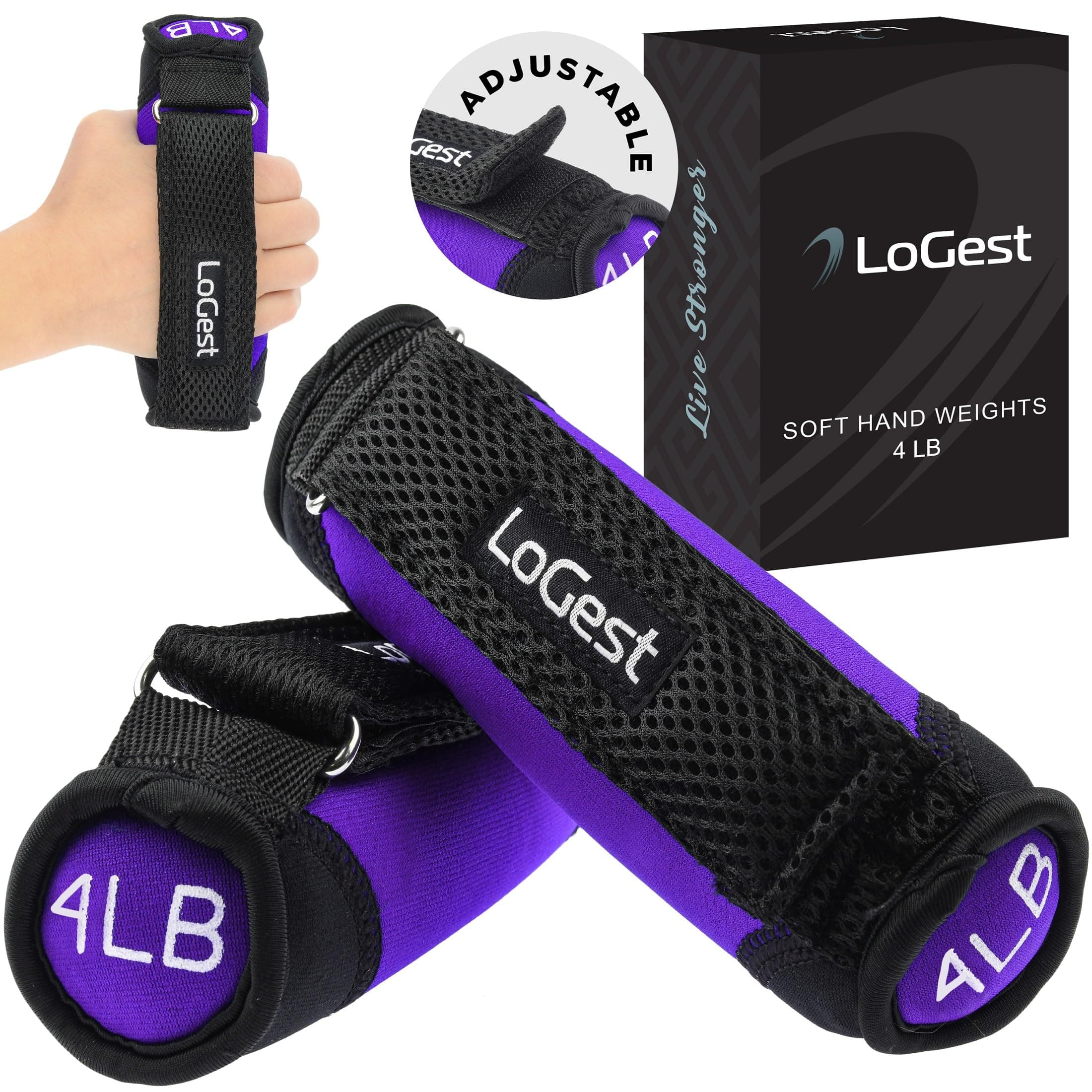 LoGest Soft Hand Weights Adjustable Straps - Comes in 1LB Weights or 2LB or 3LB 4LB - Comfortable & Secure Weighted Neoprene Dumbbells with Straps for Walking Running Cardio Workout Physical Therapy