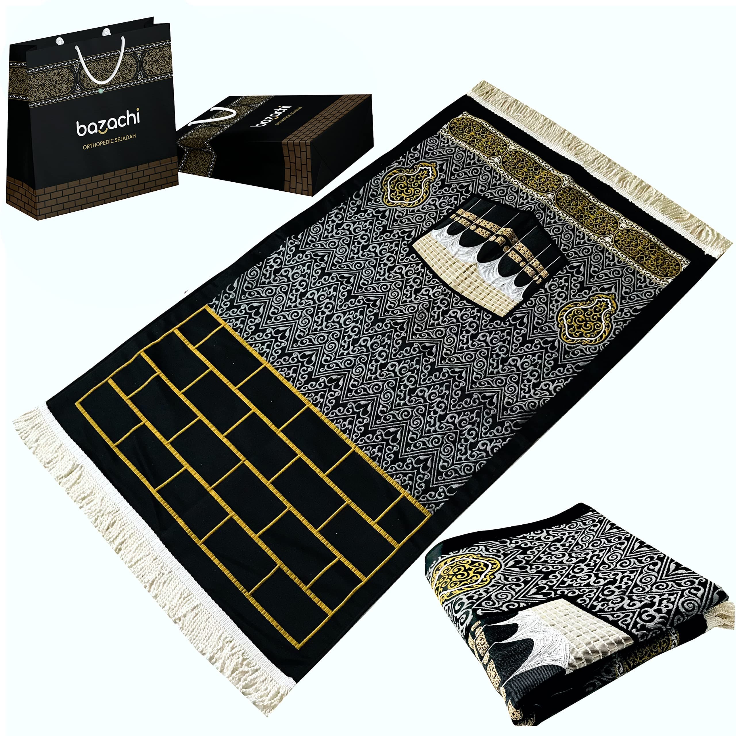 K'ba Pattern Lined Prayer Rug (750g) | Large Size Muslim Prayer Mat | Woven K'ba Embroidered Janamaz | Size: 125 x 70 cm -Black