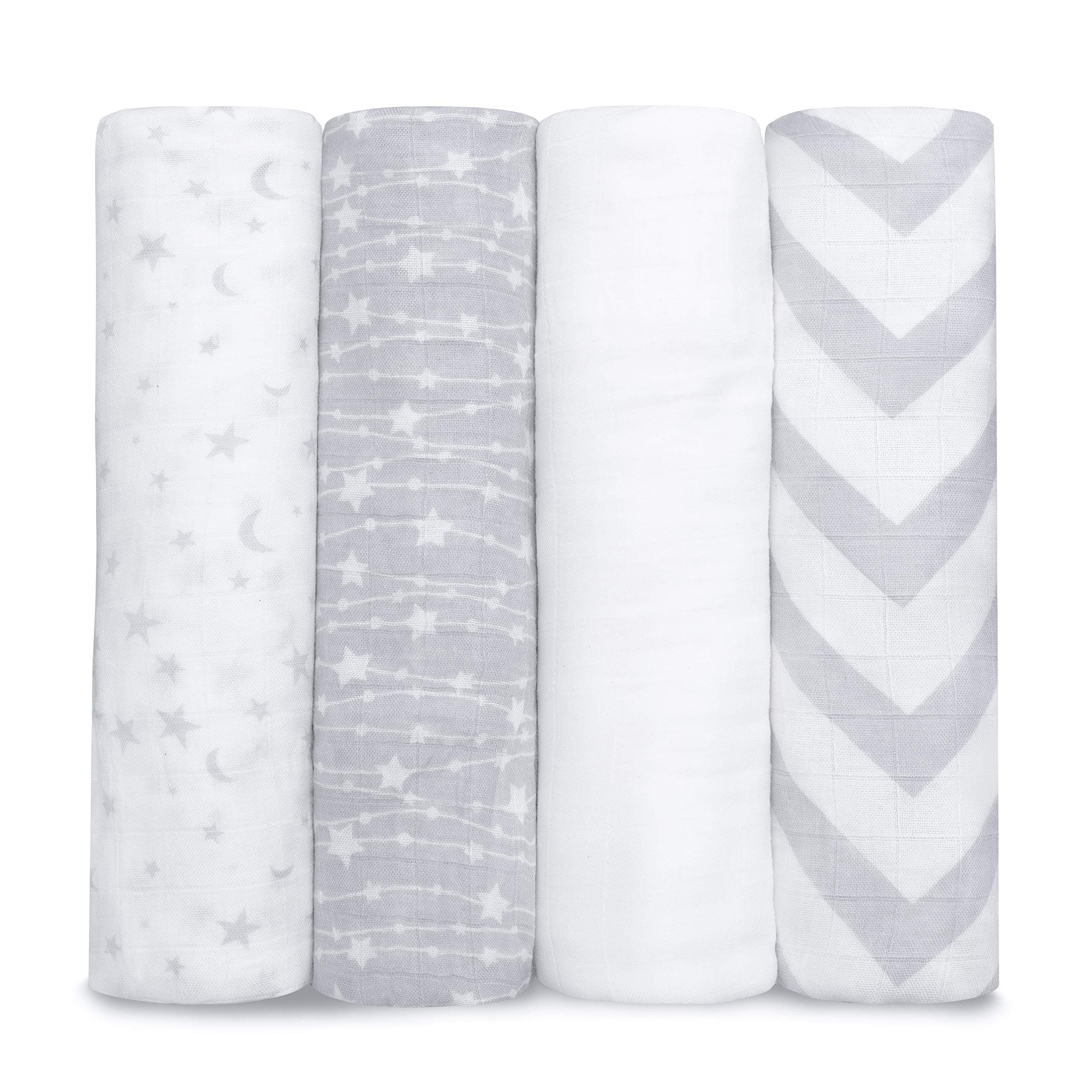 Muslin Swaddle Blankets Pack of 4, 47 x 47 Inches, Soft Cotton Baby Blanket Set, Large Multipurpose Swaddling Wraps for Newborns - Self-Soothing Swaddle - Grey