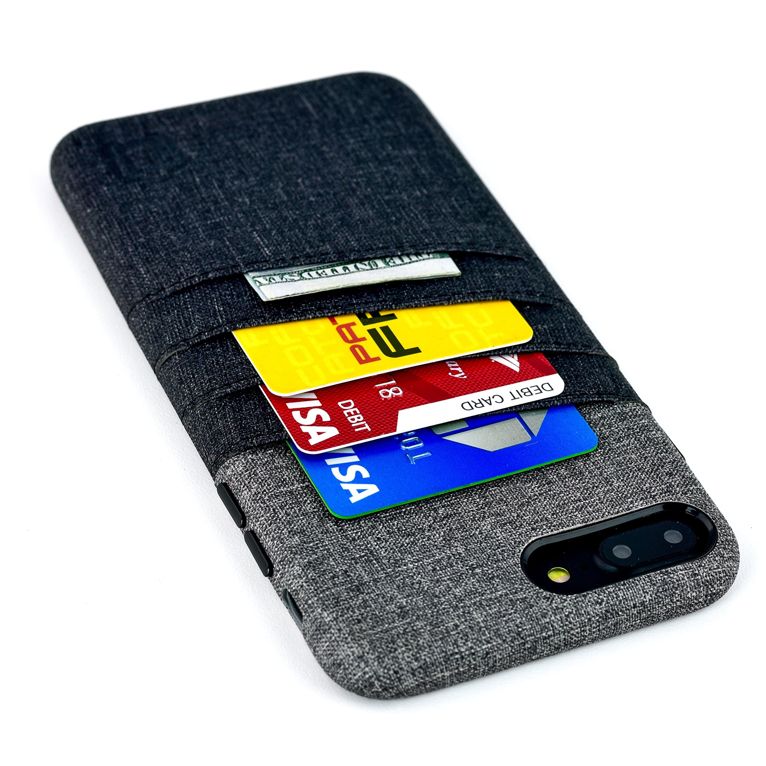 Dockem Card and Cash Case for iPhone 8 Plus and iPhone 7 Plus - Minimalist Synthetic Leather Wallet Case, Canvas Twill Styling, Slim Cover with 3 Card Holder Slots, 1 Cash Pocket [Black and Grey]
