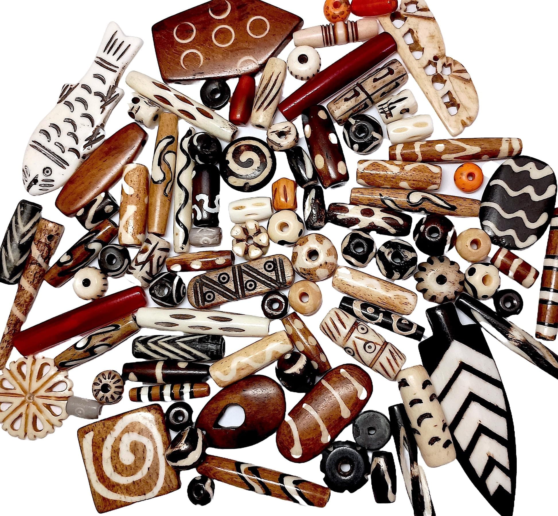 Beads, Bone, 82 Pieces, 36 Spacers, 44 Longer, 2 Larger Pendants, Pairs and Singles, Assorted Colors, Shapes