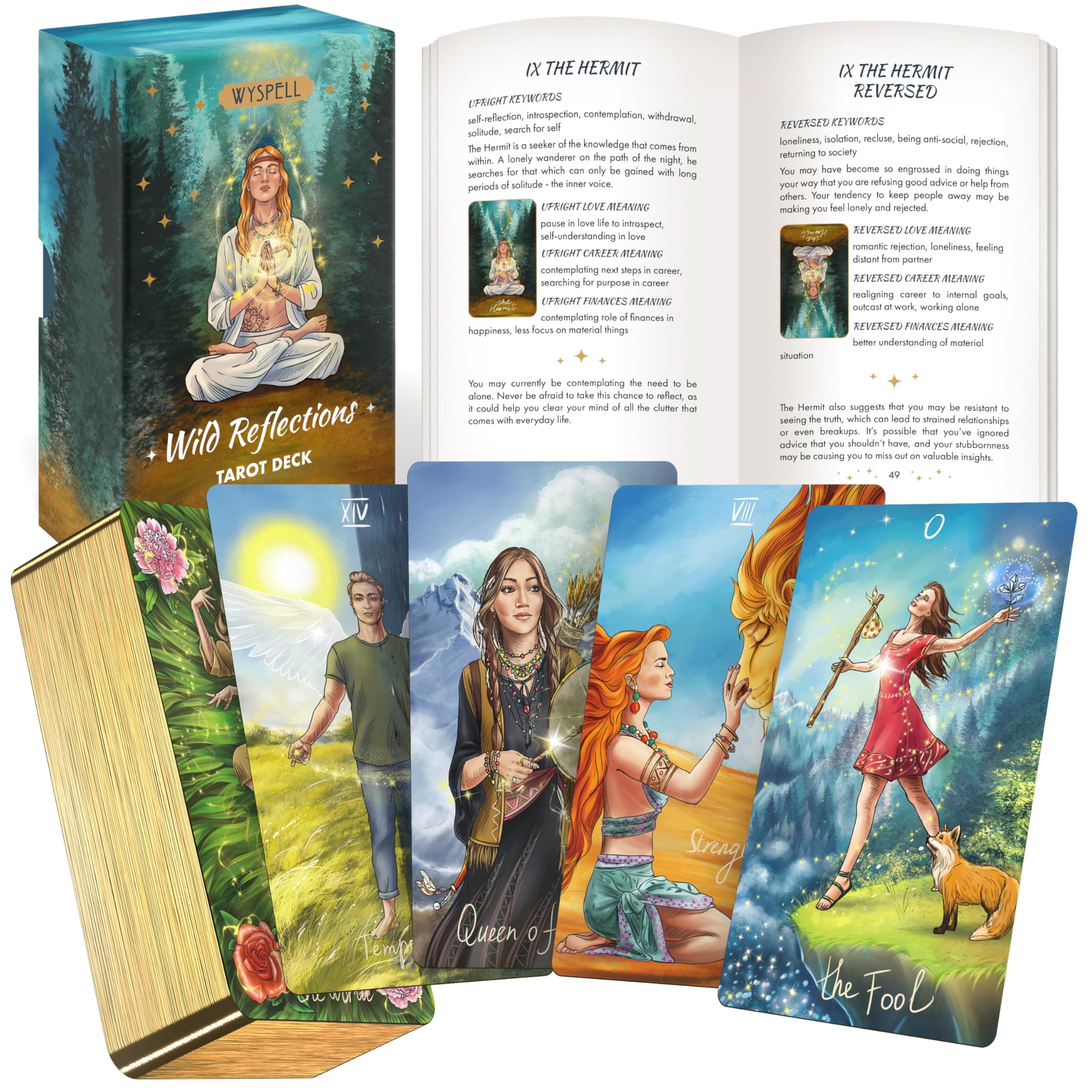 Wyspell Wild Reflections Tarot Deck with 200-Page Guidebook, Gold Edges, and Gift Packaging