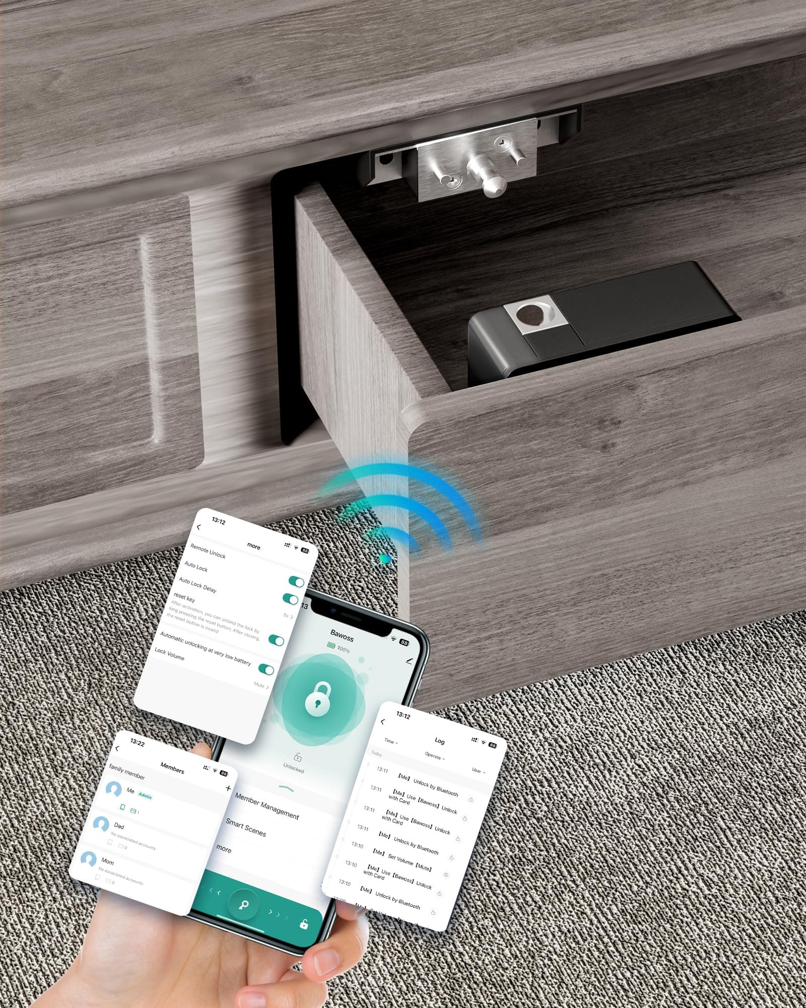 Smart Cabinet Lock Hidden Invisible RFID Kid Keyless Drawer Locks for Adults Children Proof,Tuya APP Works with Alexa & Google Home for Sliding Cabinet and Box,No Drilling,NFC,Card,Black