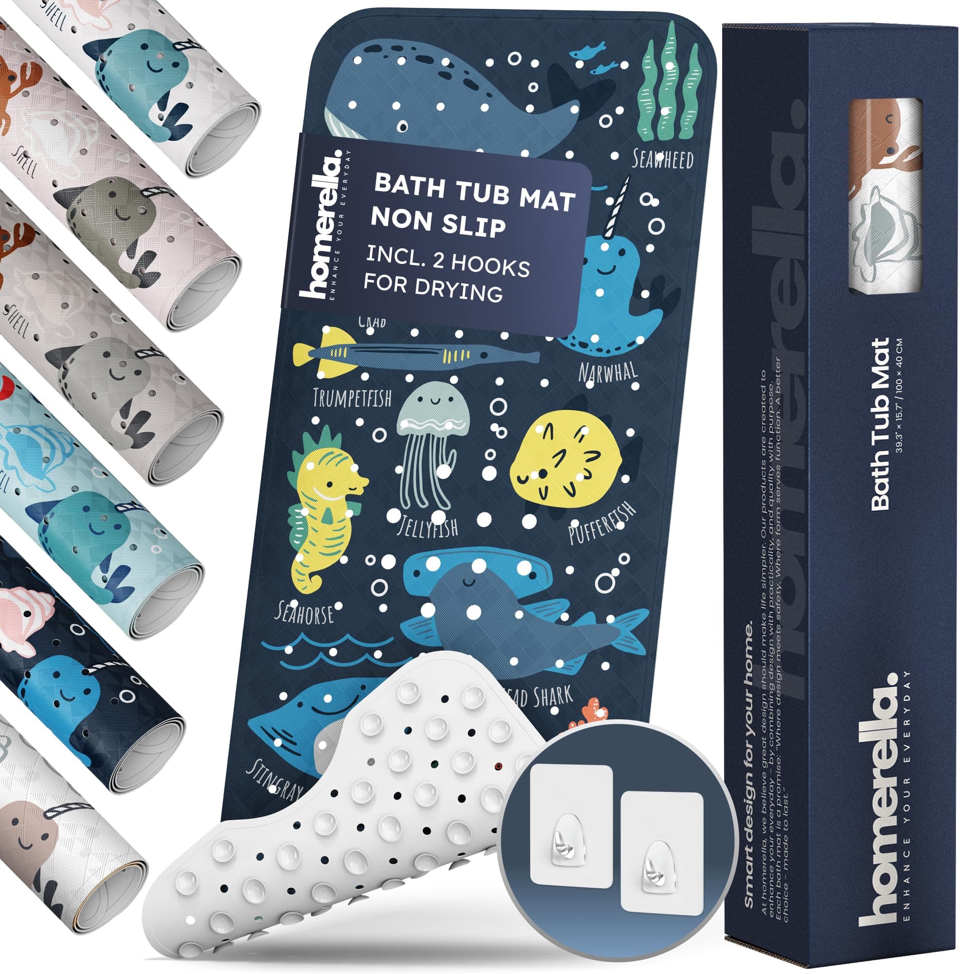 Homerella Non-Slip Bathtub Mat | 40 x 16 Inch | Rectangular Rubber Mat | Navy Underwater Abc | Machine Washable | Suction Cups & Hooks for Hanging