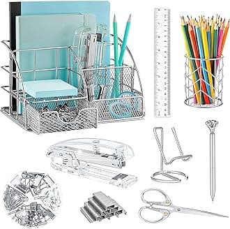 Silver Desk Organizers and Accessories Office Supplies Set Stapler, Pen Holder, Phone Holder, Scissors, Pen, Ruler, 30 Paper Clips, 22 Binder Clip, 20 Tacks and 1000pcs Staples