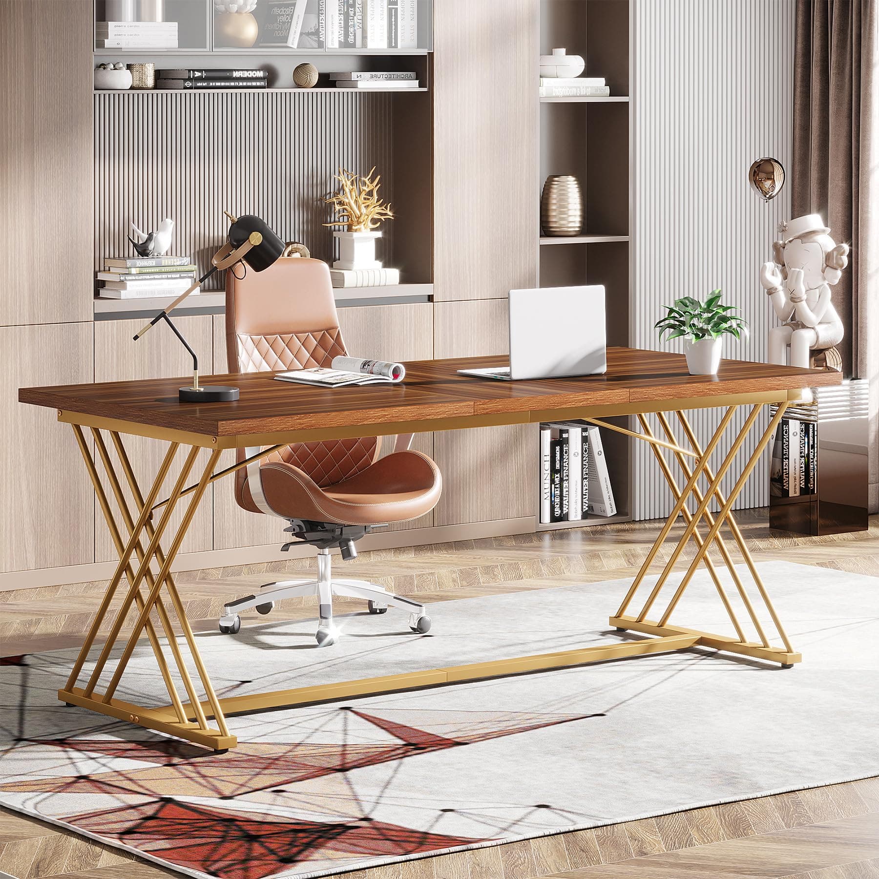Tribesigns 63" x 31.5" Large Computer Desk, Modern Home Office Desk, Computer Table Executive Desk, Study Writing Table Workstation for Living Room Bedroom Office, Brown + Gold Metal Frame