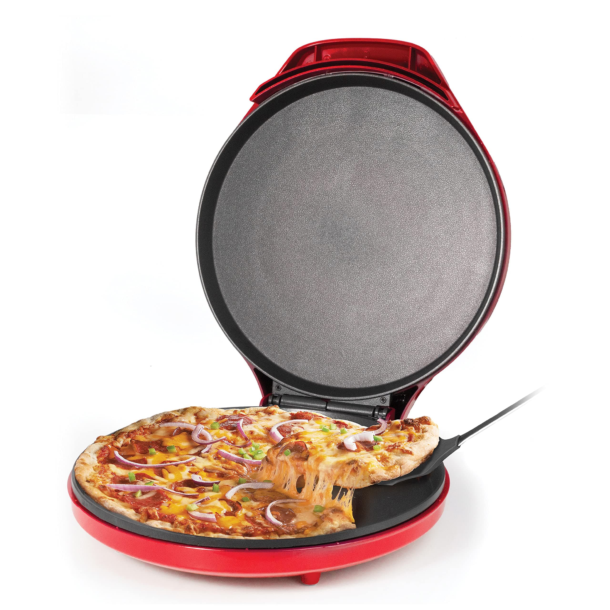 Pizza Maker Plus, 12" Indoor Electric Grill, Nonstick Griddle Pan for Pizzas, Quesadillas, Tortillas, Nachos and more, 12" Electric Griddle for Delicious Meals and Snacks, Red