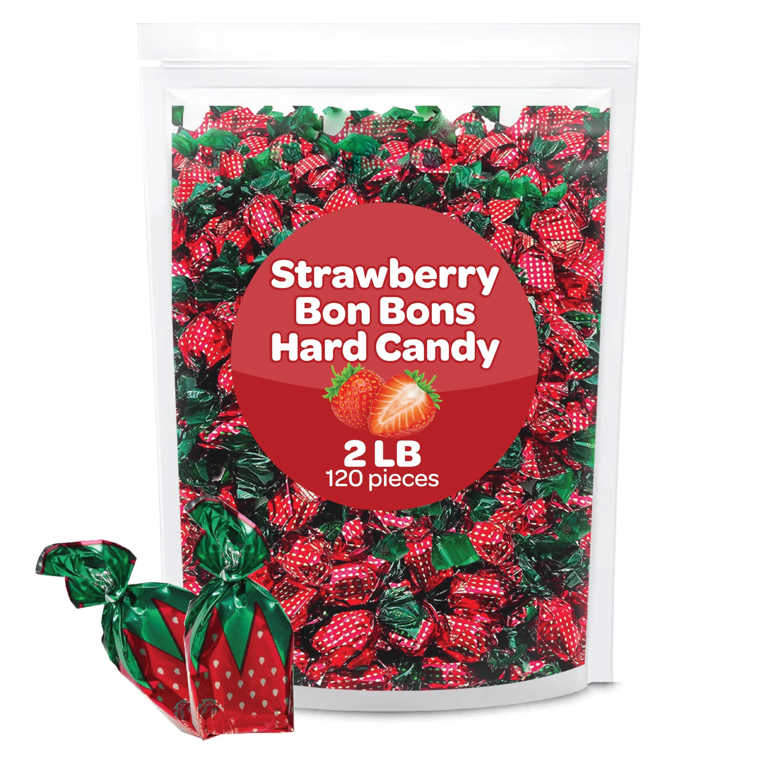 Strawberry Bon Bons - 2 Pound Bulk Pack (About 120 Count) - Hard Candy