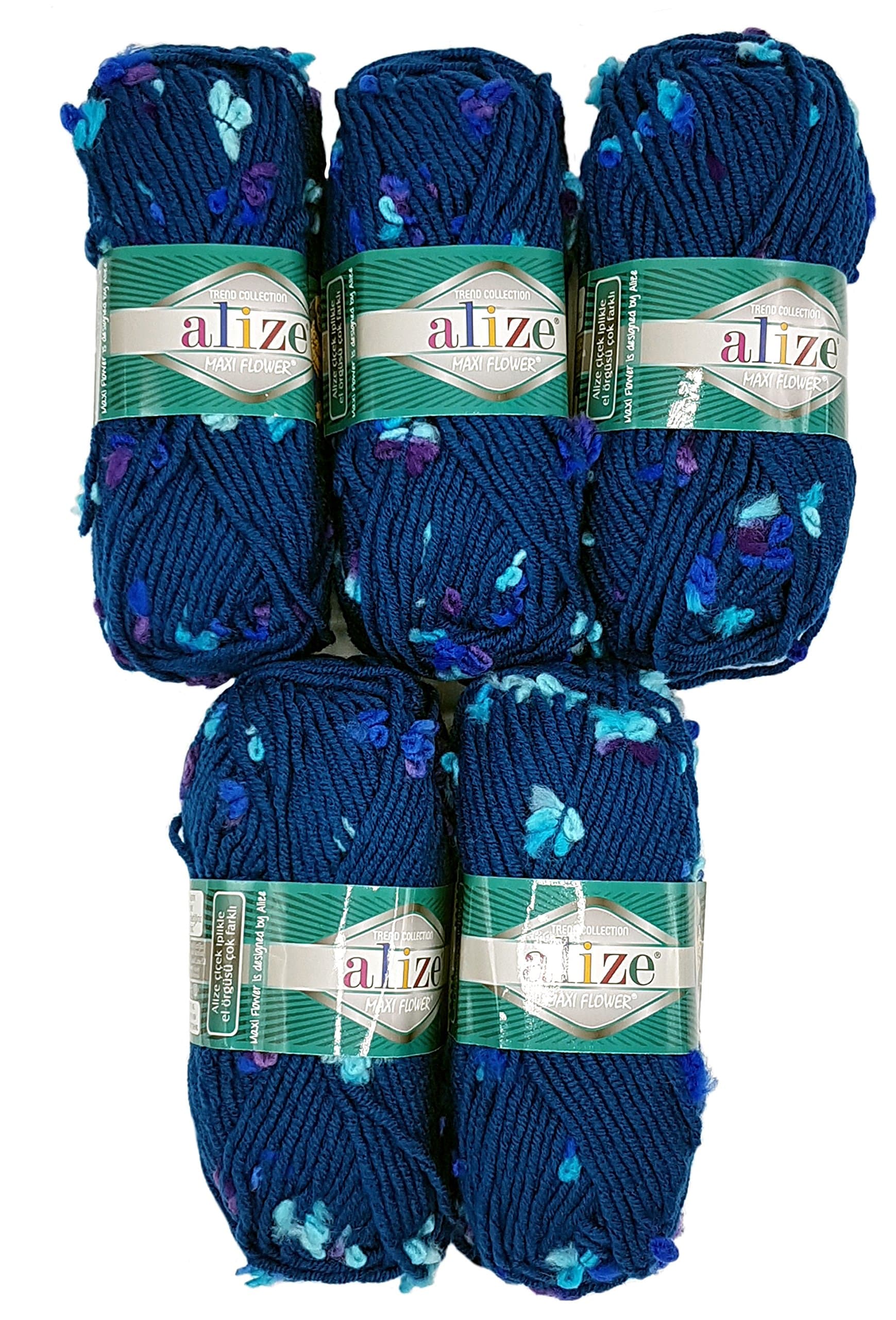 5 x 100 Grams Alize Maxi Flower Wool with Colour 500 Gram Effect - blue