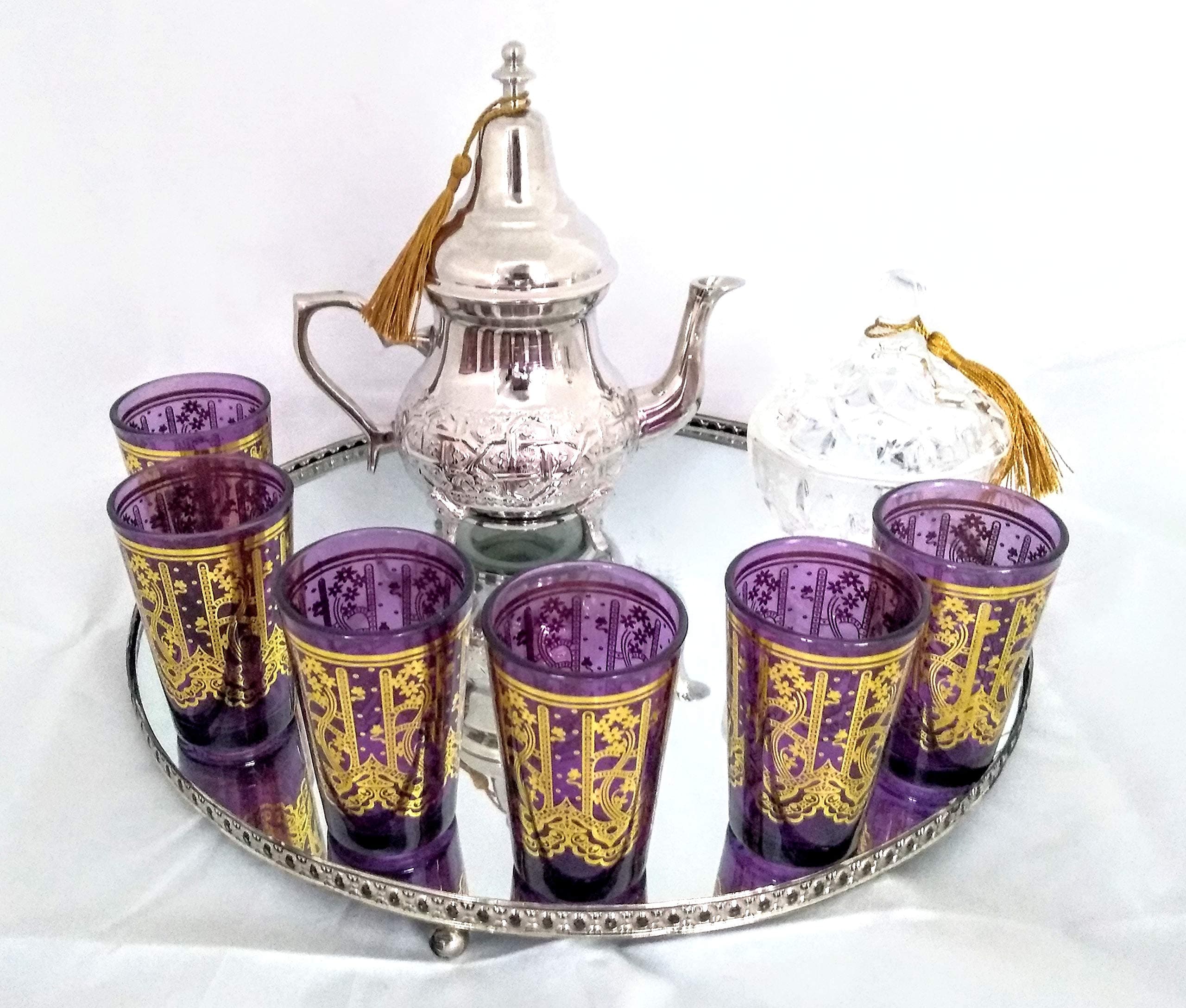 Complete Moroccan Tea Set with 6 Glasses, One Plate and One Typical Moroccan Teapot with Sugar Bowl or Candy Jar.