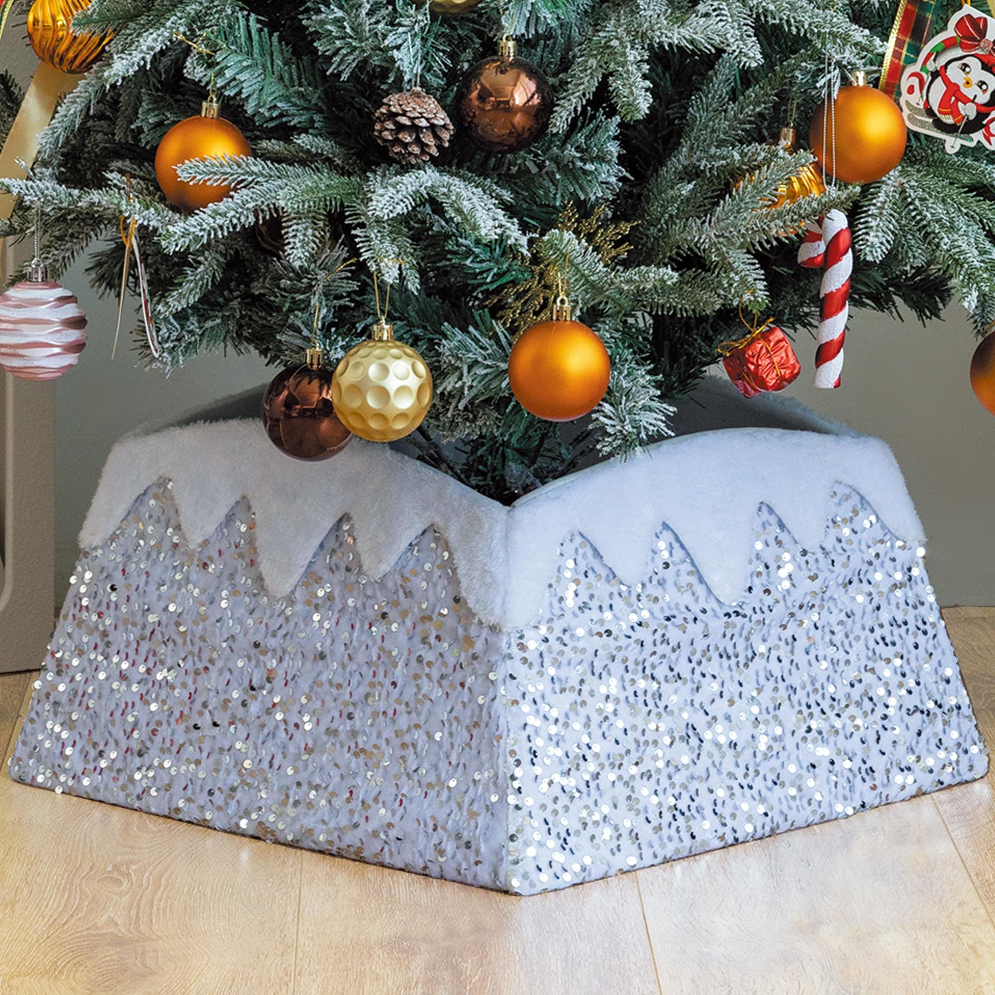 Christmas Tree Collar, 24 Inch Xmas Tree Ring Fabric Square Skirt for Artificial Trees, Snow Cover and Sequin Christmastree Box Collar,Holiday Christmas Home Decor for Decorations (Silvery)