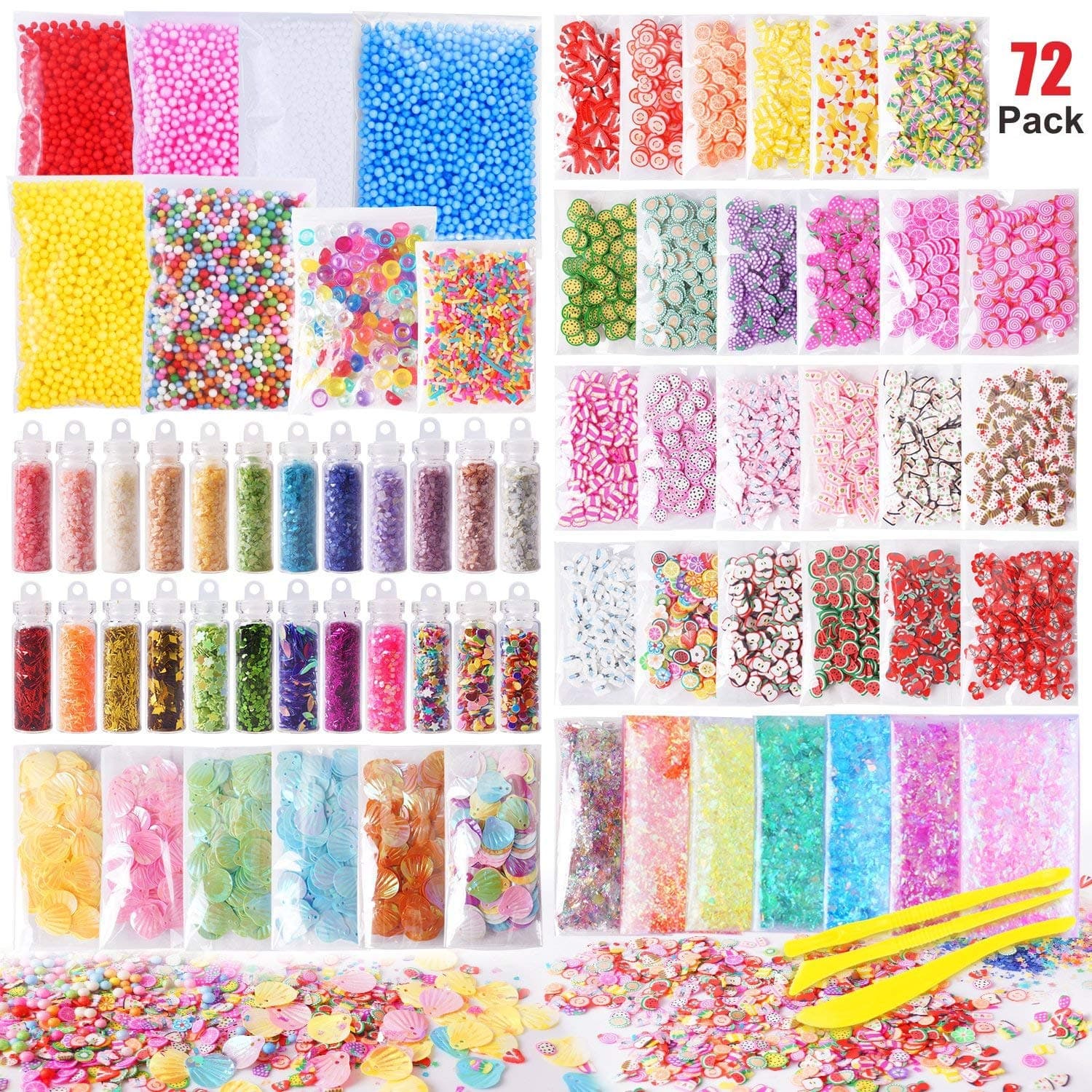Jeicy Slime Supplies Kit, 72 Pack Slime Stuff Charms Include Floam Balls, Glitter, Cake Flower Fruit Slices, Fishbowl Beads, Shell, Slime Accessories for DIY Slime Making, Slime Party Decoration