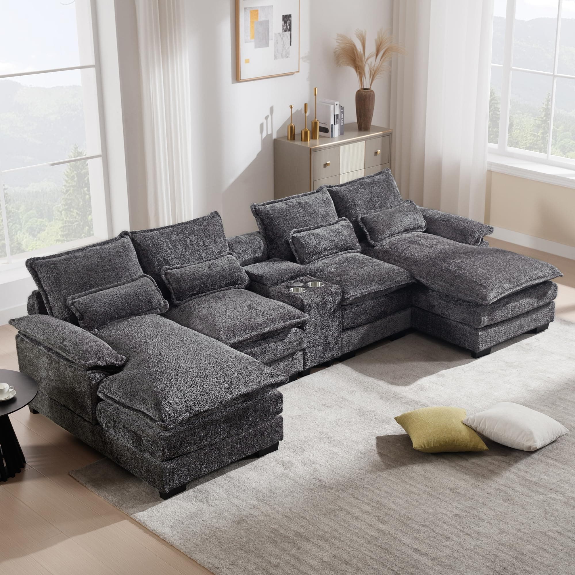 U Shaped Modular Sectional Sofa, 124.8" Cloud Couch for Living Room, Grey Fluffy Chenille Couch with Console Cupholders and USB Port Comfy Sofas for Apartment Studio Office