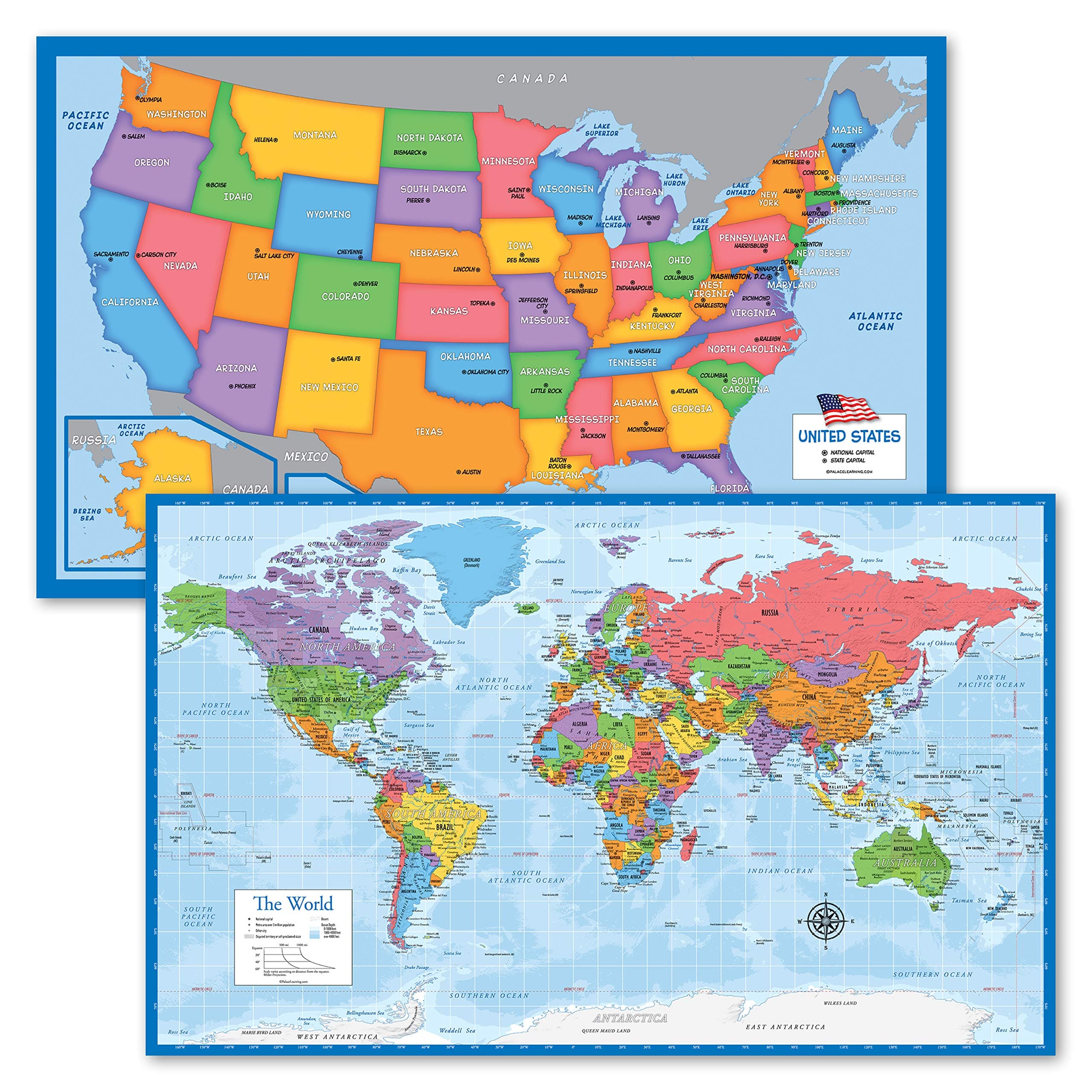 Palace Learning 2 Pack - USA Map for Kids + Blue Ocean World Map (Laminated, 18" x 29")