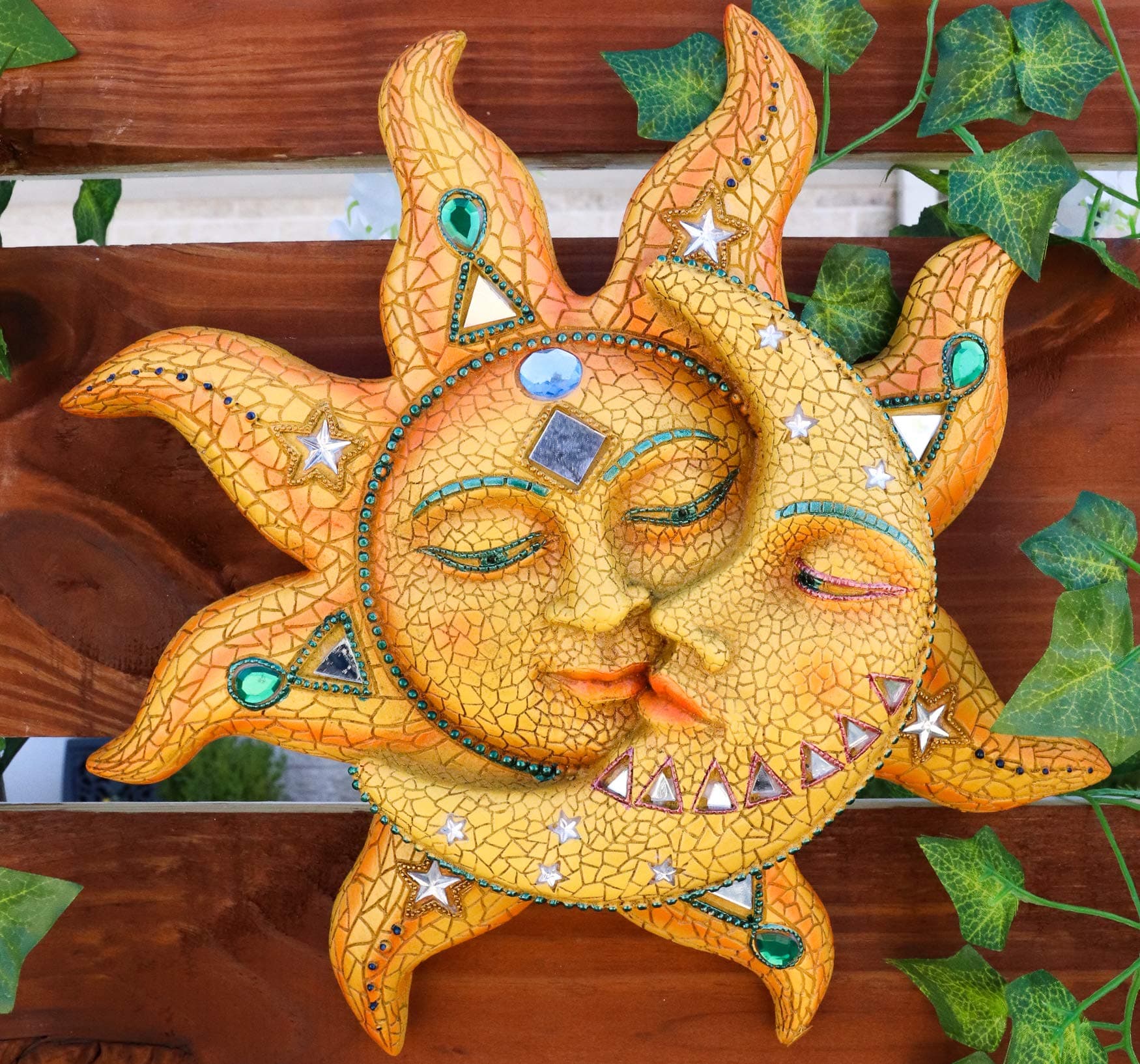 Ebros Gift Beautiful Mosaic Celestial Sun and Moon Day Surrendering Unto Night Wall Sculpture Hanging Decor Figurine