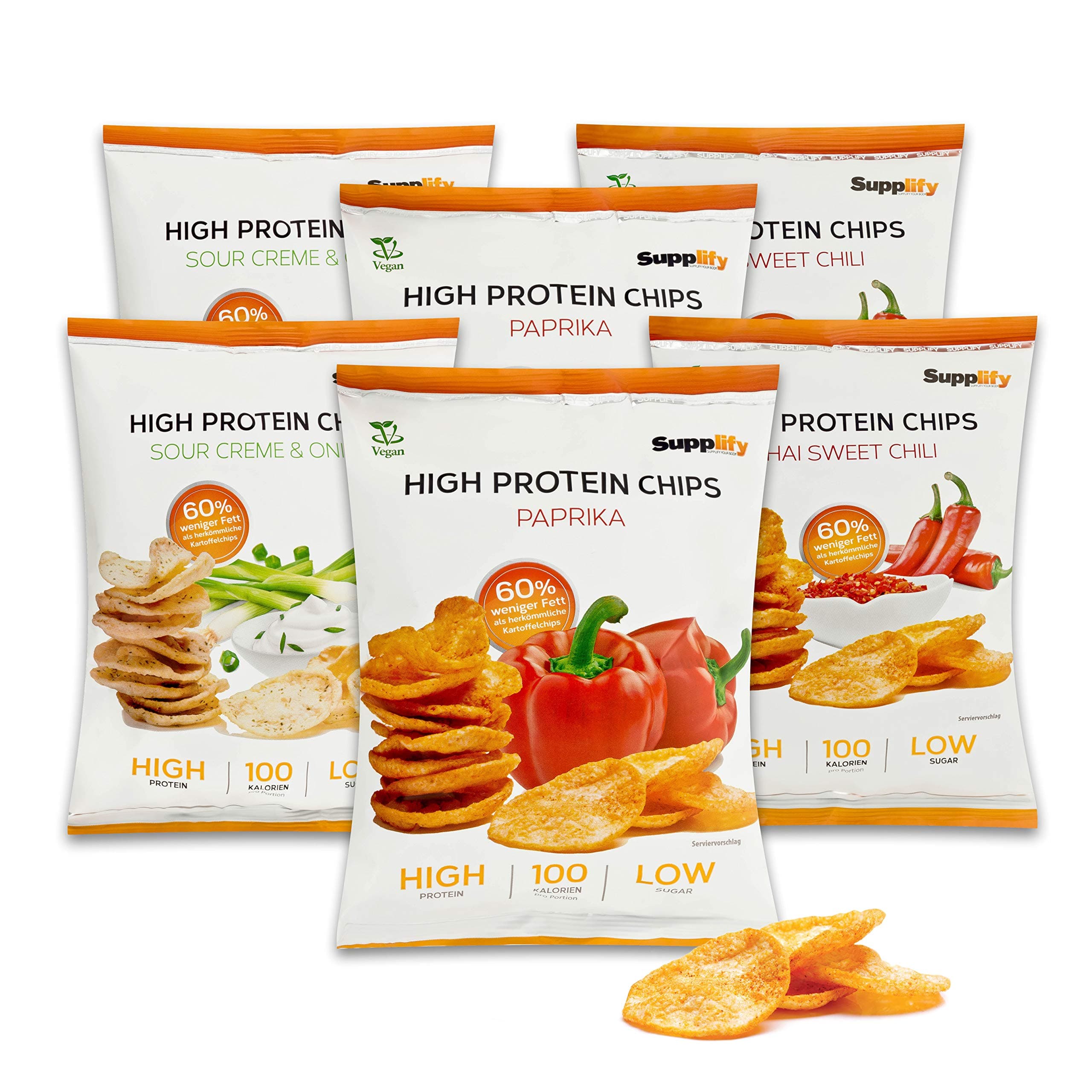 Protein Snack Variety Box Low Sugar Chips & 60% Less fats - Protein Bar Alternative 6X 50g Mix-Box (2X Each Flavour, Paprika, Thai Sweet Chili, Sour Cream & Onion)