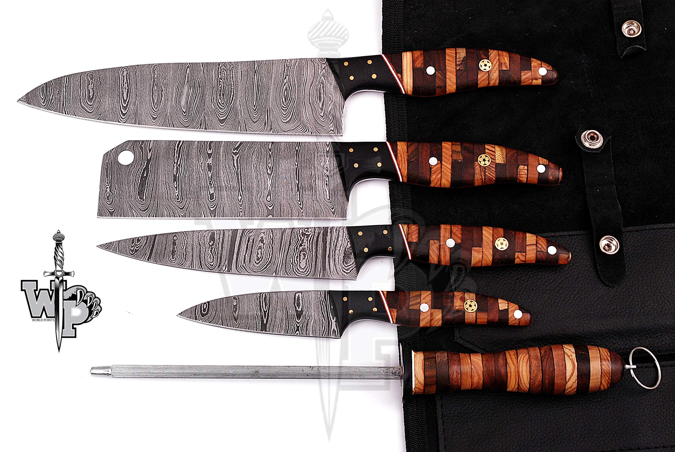 WP-007 Custom Handmade Damascus Professional kitchen Chef knives set-5-Piece (Olive & Rose Wood)