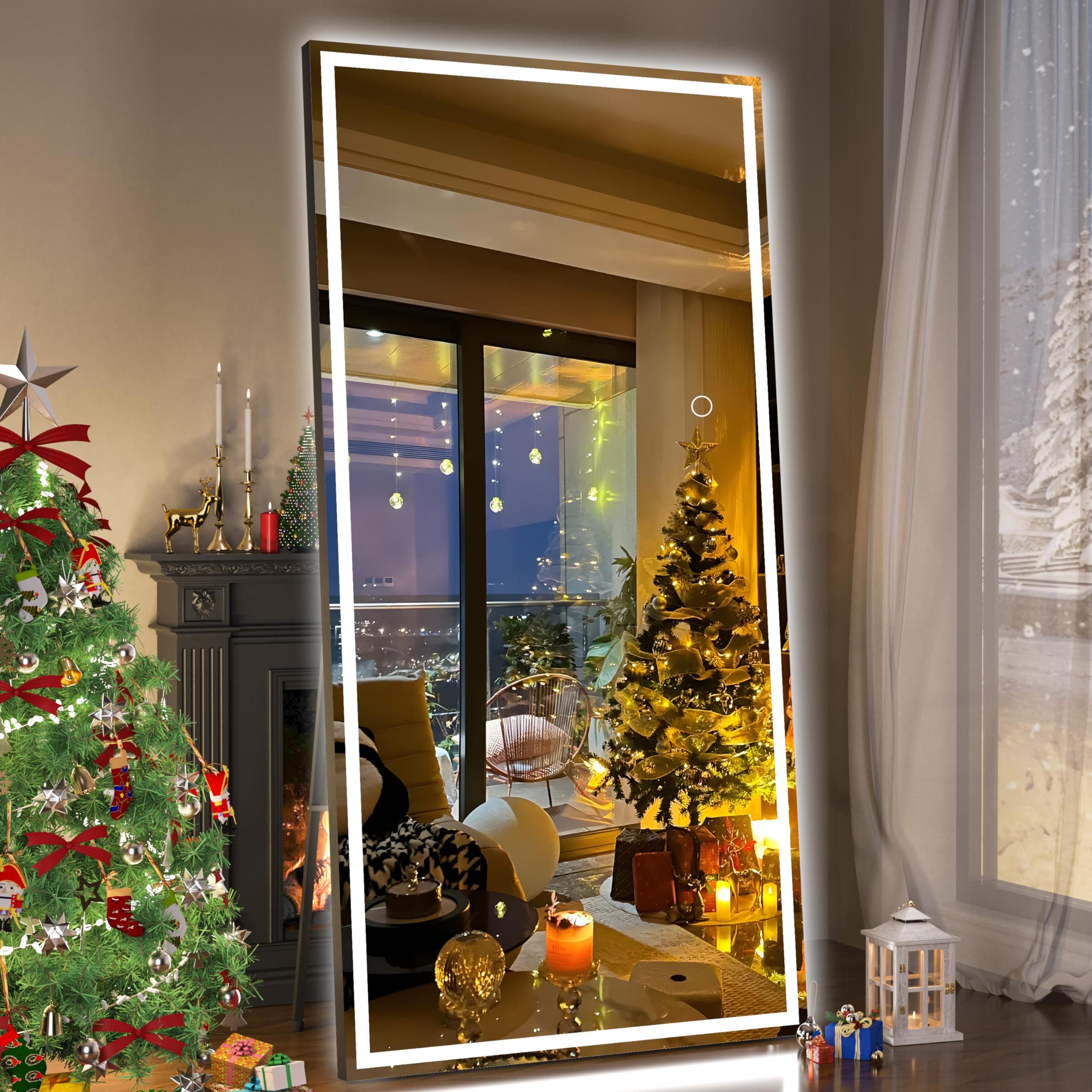 Hasipu Full Length Mirror with Lights, 79" x 36" LED Lighted Floor Standing Mirror, Full Body Dressing Hanging Mounted Mirrors, Dimmable, Tempered Glass, Safe to Use, Square Black