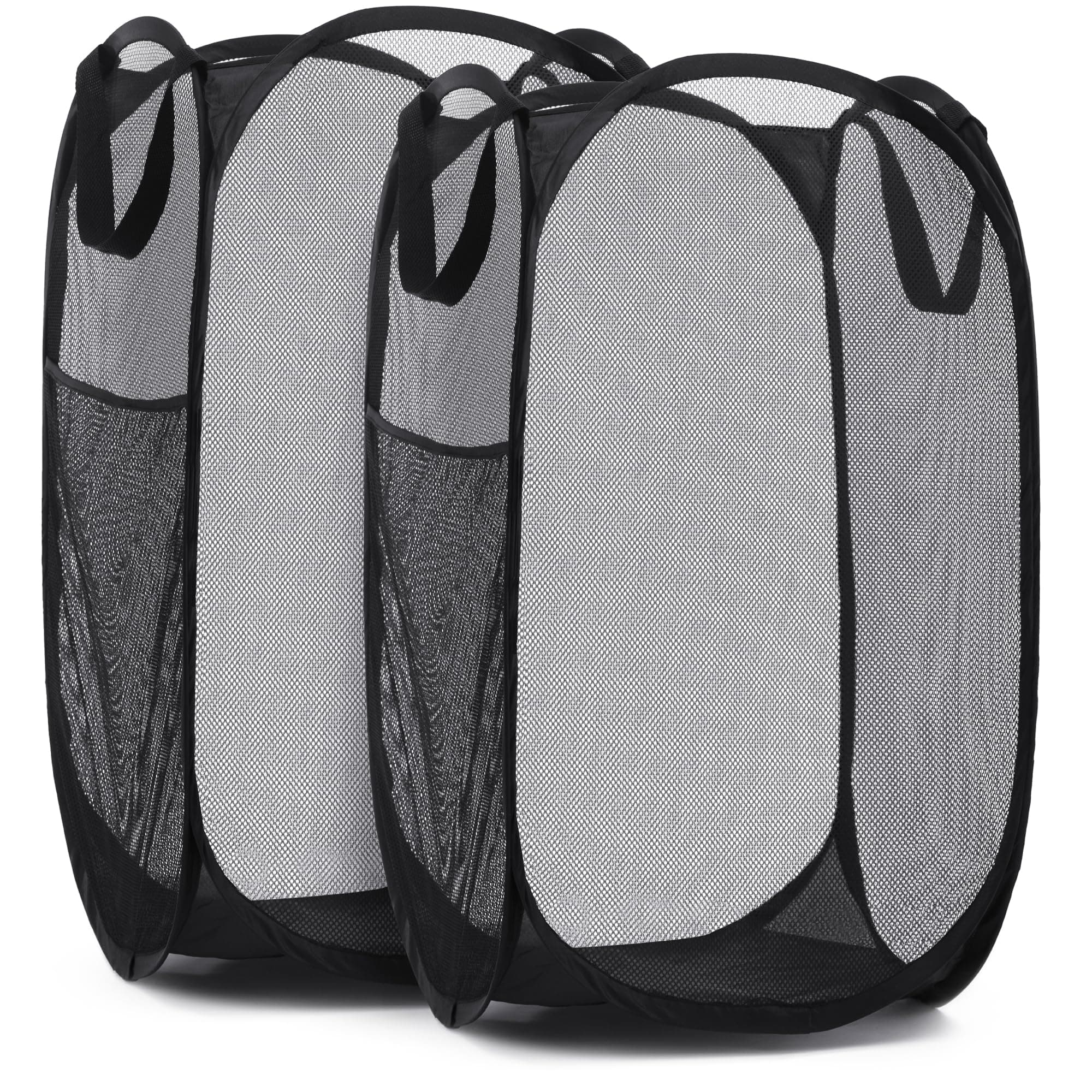 Collapsible Mesh Pop Up Hamper with Wide Opening and Side Pocket - Breathable, Sturdy, Foldable, and Space-Saving Design for Clothes and Storage (Black | 2-Pack)
