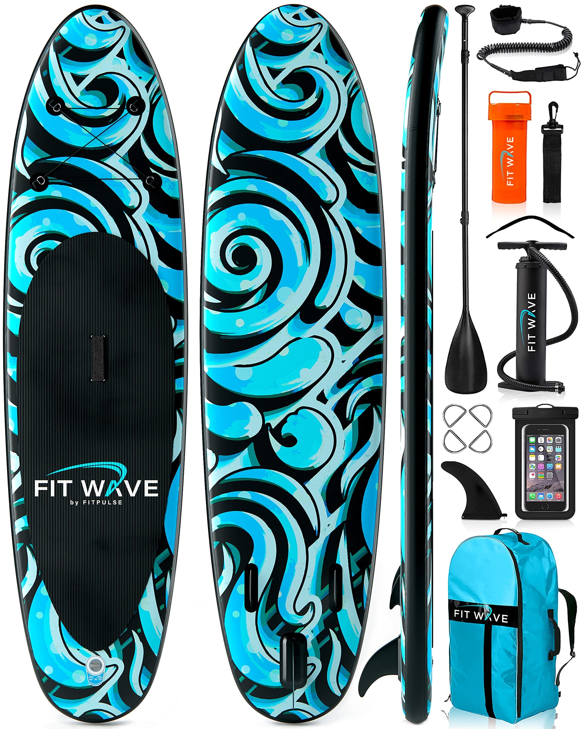 FITWAVE Paddle Board 9.5ft + Kit - Inflatable Paddle Boards for Adults - Inflatable Stand Up Paddle Board with Pump, Emergency Repair Kit, Bag & More - Anti Air Leaking & Nonslip Deck