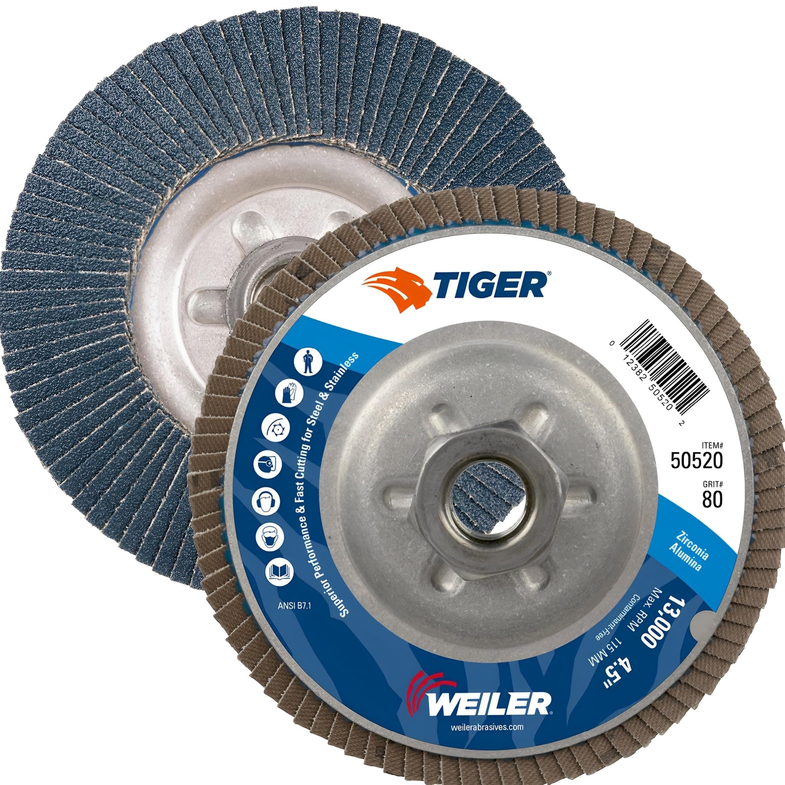 Weiler 50520 Tiger Abrasive Flap Disc, Type 29, Threaded Hole, Aluminum Backing, Zirconia Alumina, 4-1/2" Dia., 80 Grit