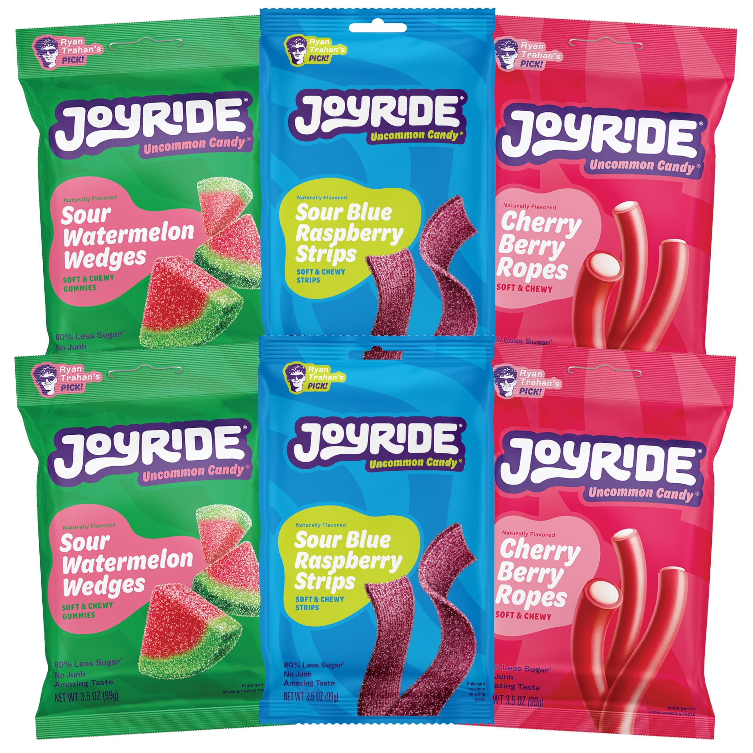 JOYRIDE 6 Pack Fan Favorite Variety Blue Raspberry Strips, Cherry Chunks & Red Fruits, Watermelon Slices, Low Calorie Gum Candy, Low Sugar