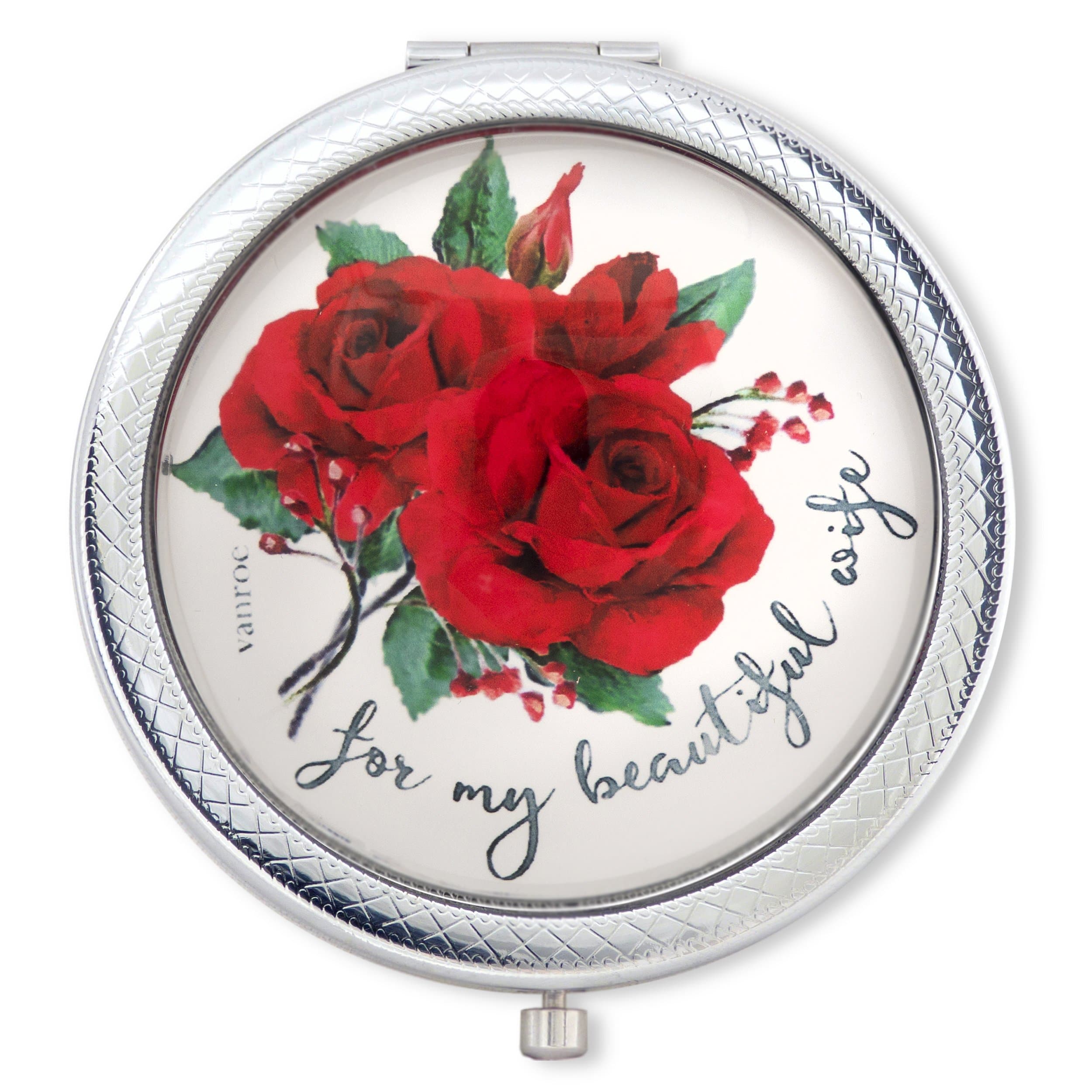 Vanroe 'My Beautiful Wife' Luxury Compact Mirror with Bouquet of Ruby Red Roses - Gift box, Anniversary Present Idea, Magnified
