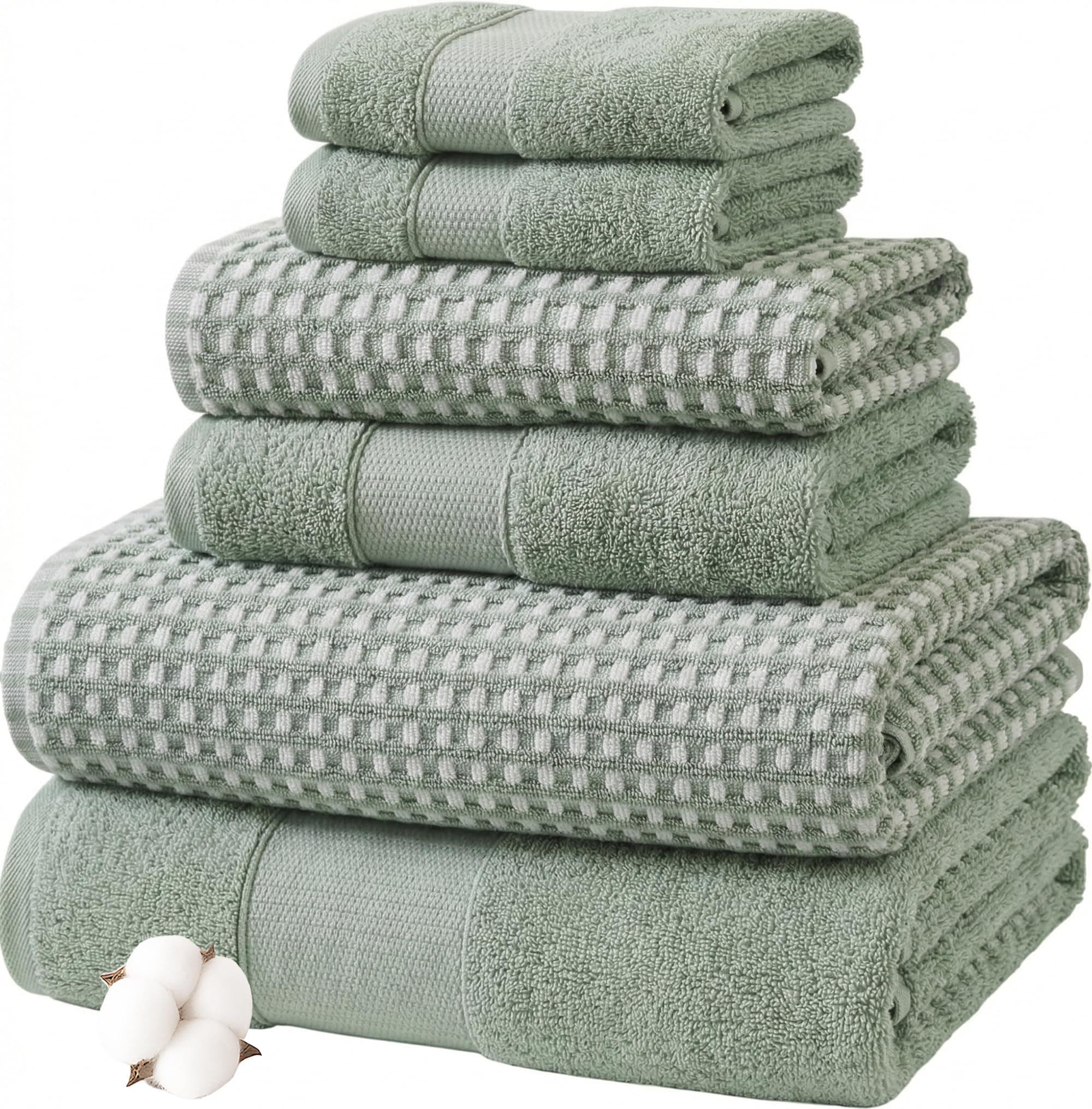 Modern Threads 6-Piece 100% Combed Cotton Yarn Dyed Cobblestone Jacquard Towel Set Mineral Green
