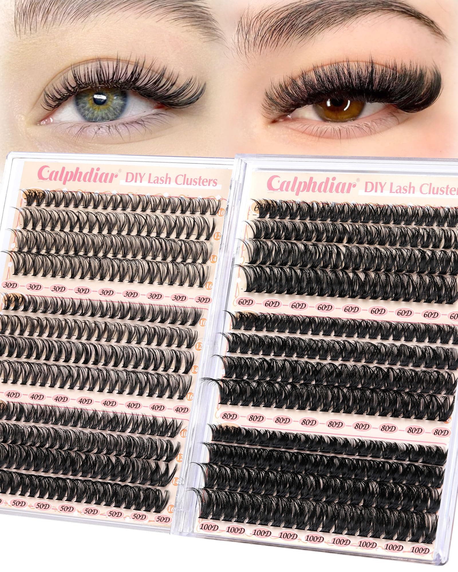Calphidar Eyelash Clusters 30D+40D+50D+60D+80D+100D, DIY Curly Wispy Individual Natural Lash Extension for Beginners, 476PCS D, 10-16MM