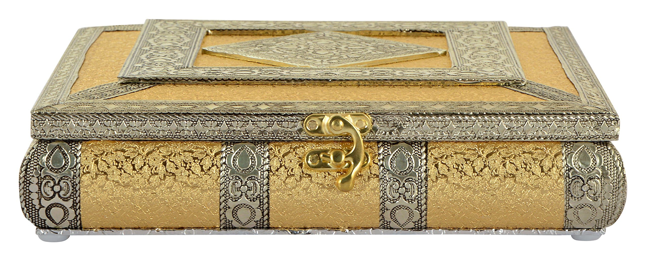 RAJKRUTI Wood Handcrafted Rectangular Dry Fruit Box (Gold, 9.8 x 9.8 x 1.9 Inch)