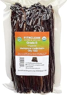 100 Organic Vanilla Beans Madagascar Grade B for extract, Cooking and Baking. Certified USDA Organic. 5"-7" by FITNCLEAN VANILLA| Whole NON-GMO Bourbon Pods