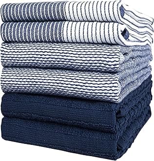 Premium Kitchen Towels (20”x 28”, 6 Pack) – Large Cotton Kitchen Hand Towels – Flat & Terry Towel – Highly Absorbent Tea Towels Set with Hanging Loop (Navy Blue)