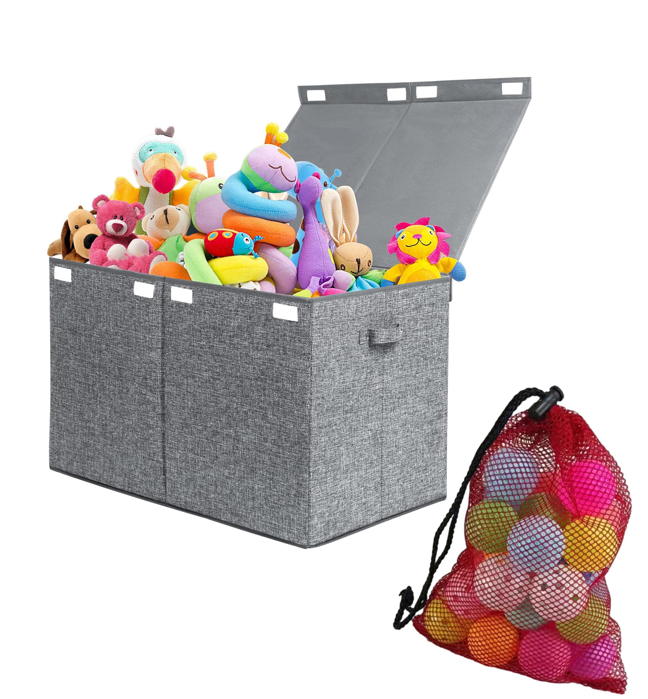 Duomama Foldable Toy Storage Chest - Linen Gray Organizer Bin Boxes, Washable, 25"x16"x13" - Includes Mesh Drawstring Bag - Ideal for Kids, Nursery, Playroom